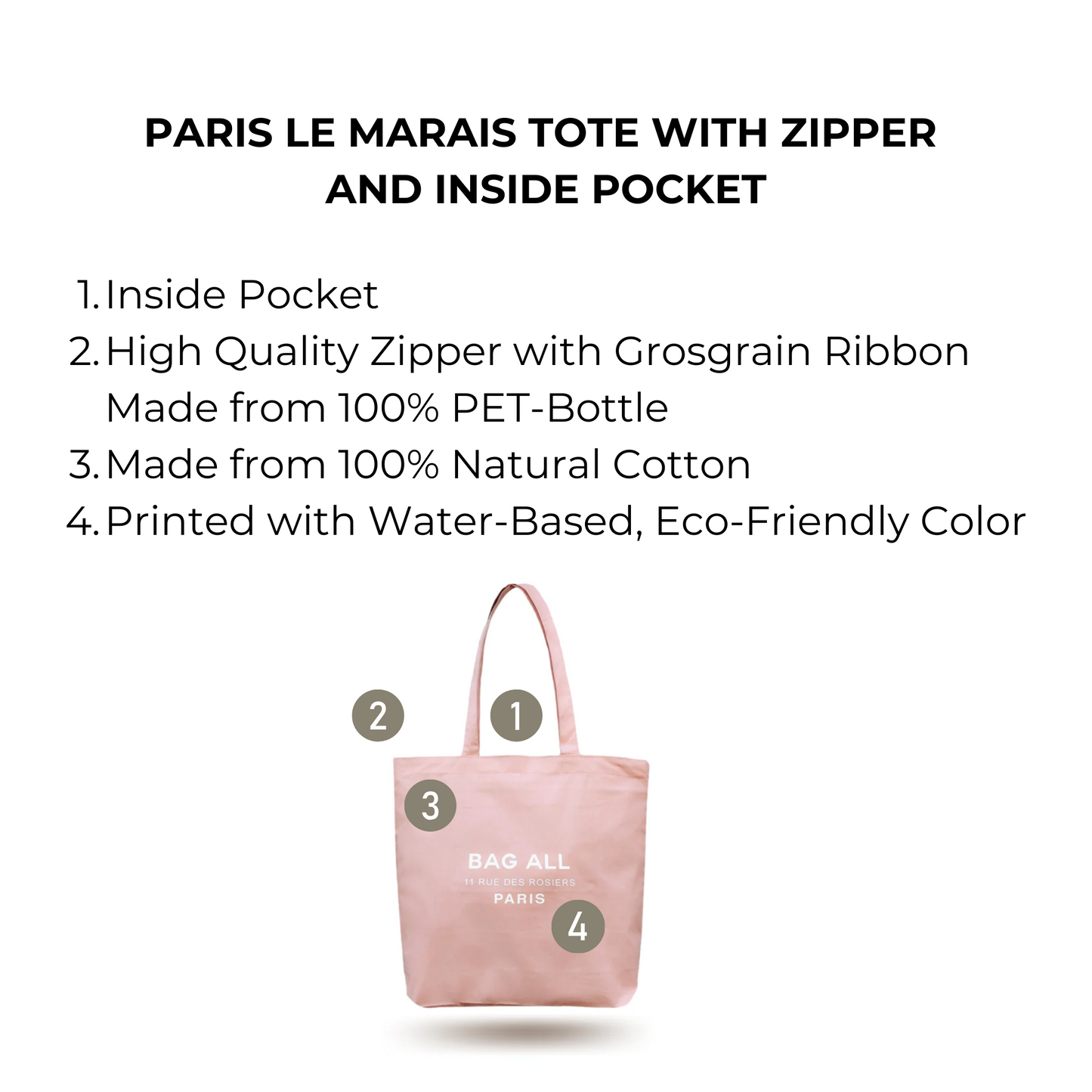 Bag-all Paris Le Marais pink cotton tote with secure zipper closure and interior pocket, featuring eco-friendly design and natural materials, perfect for daily essentials