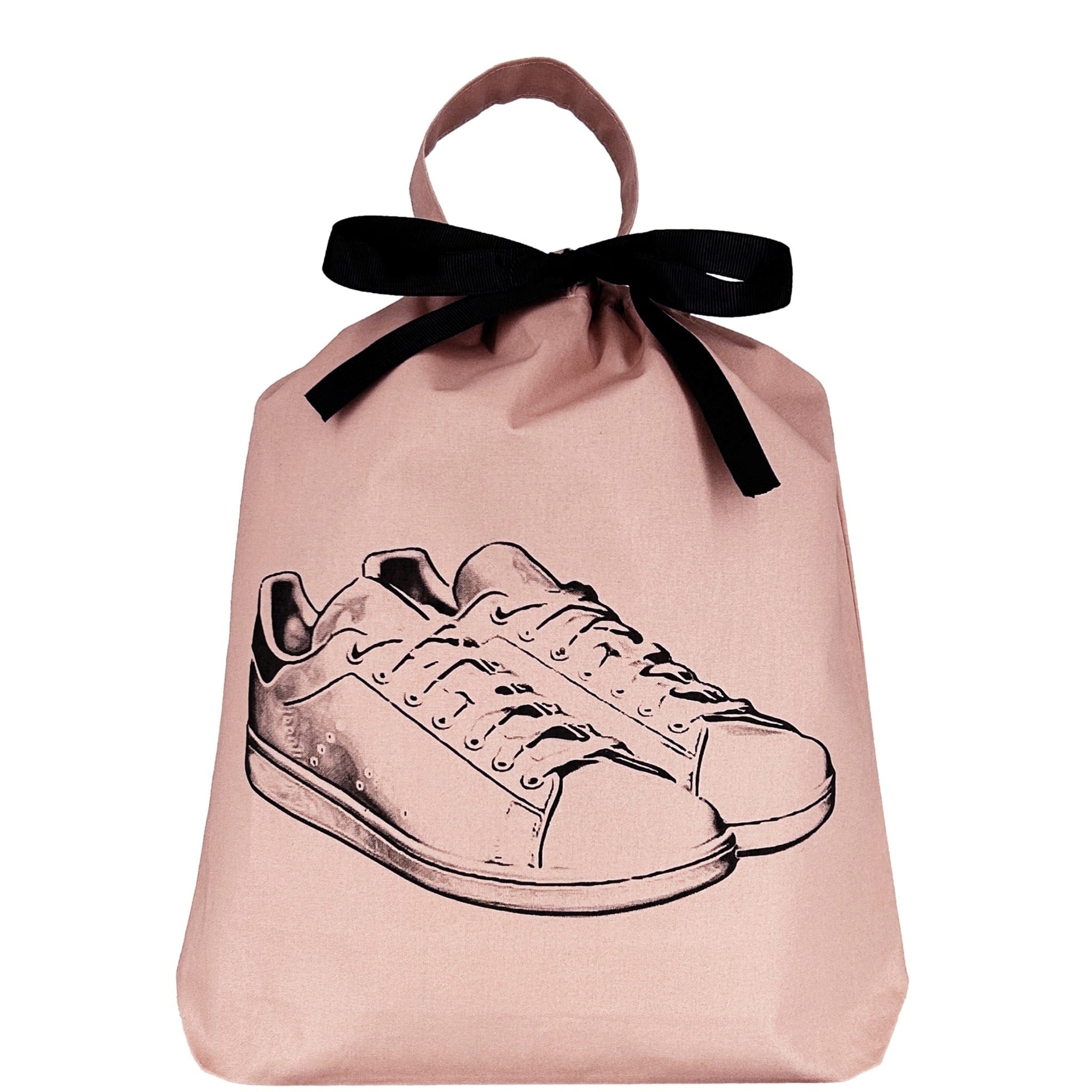 Bag-all Tennis Sneaker Shoe Bag in pink cotton with black sneaker illustration, black bow tie closure and carrying handle, perfect for protecting sports footwear