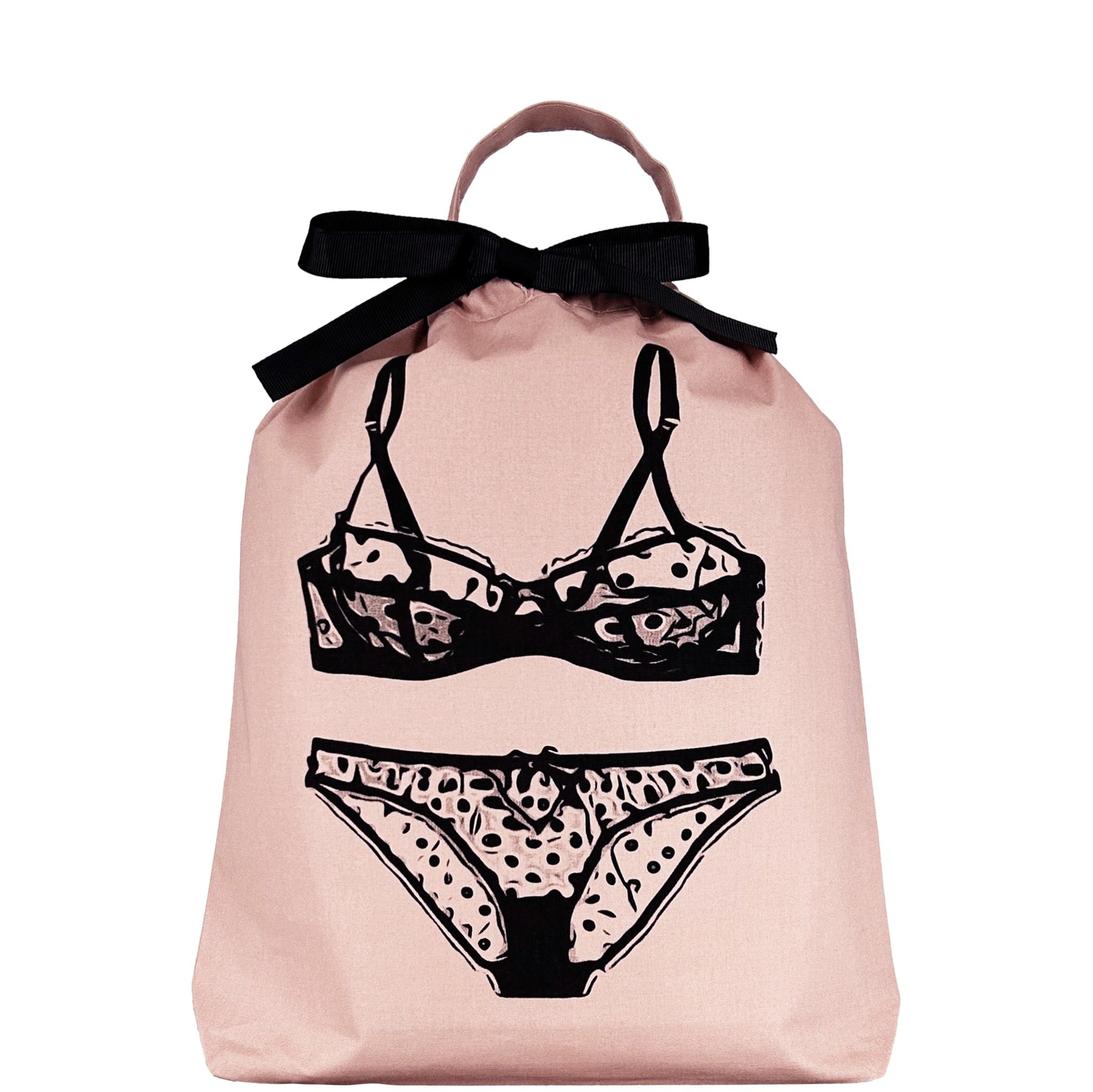 Bag-all Polkadot Lingerie Travel Bag in pink with black lingerie illustration and bow, featuring stylish underwear set design for delicate organization and travel storage