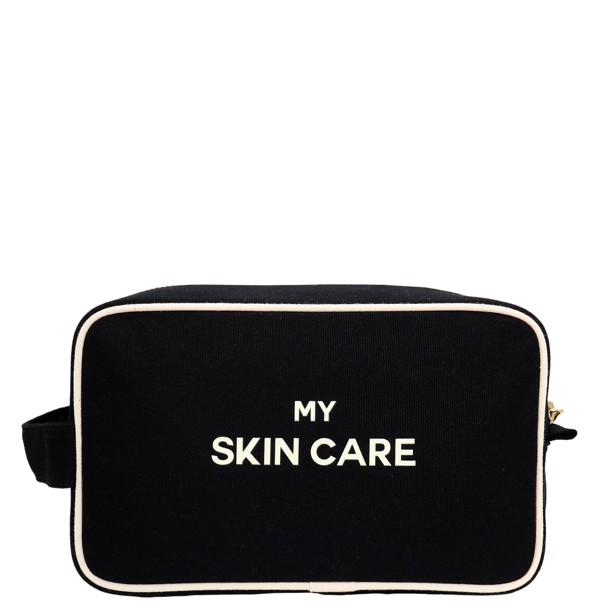 My Skin Care - Organizing Pouch w White Piping – Black by Bag-all, a Paris-designed personalized cotton travel pouch for tidy skincare storage.