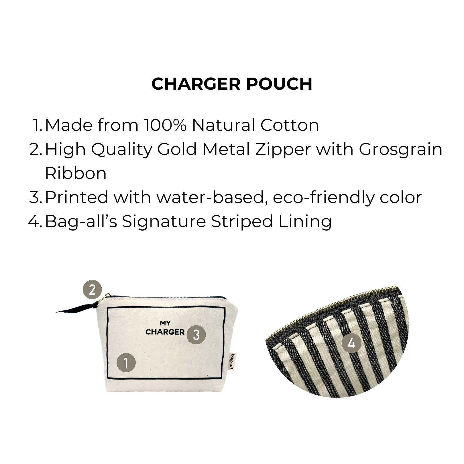 Charger Pouch, My Charger – Cream by Bag-all, a Paris-designed natural cotton bag with striped lining and gold zipper for organized, personalized travel storage.