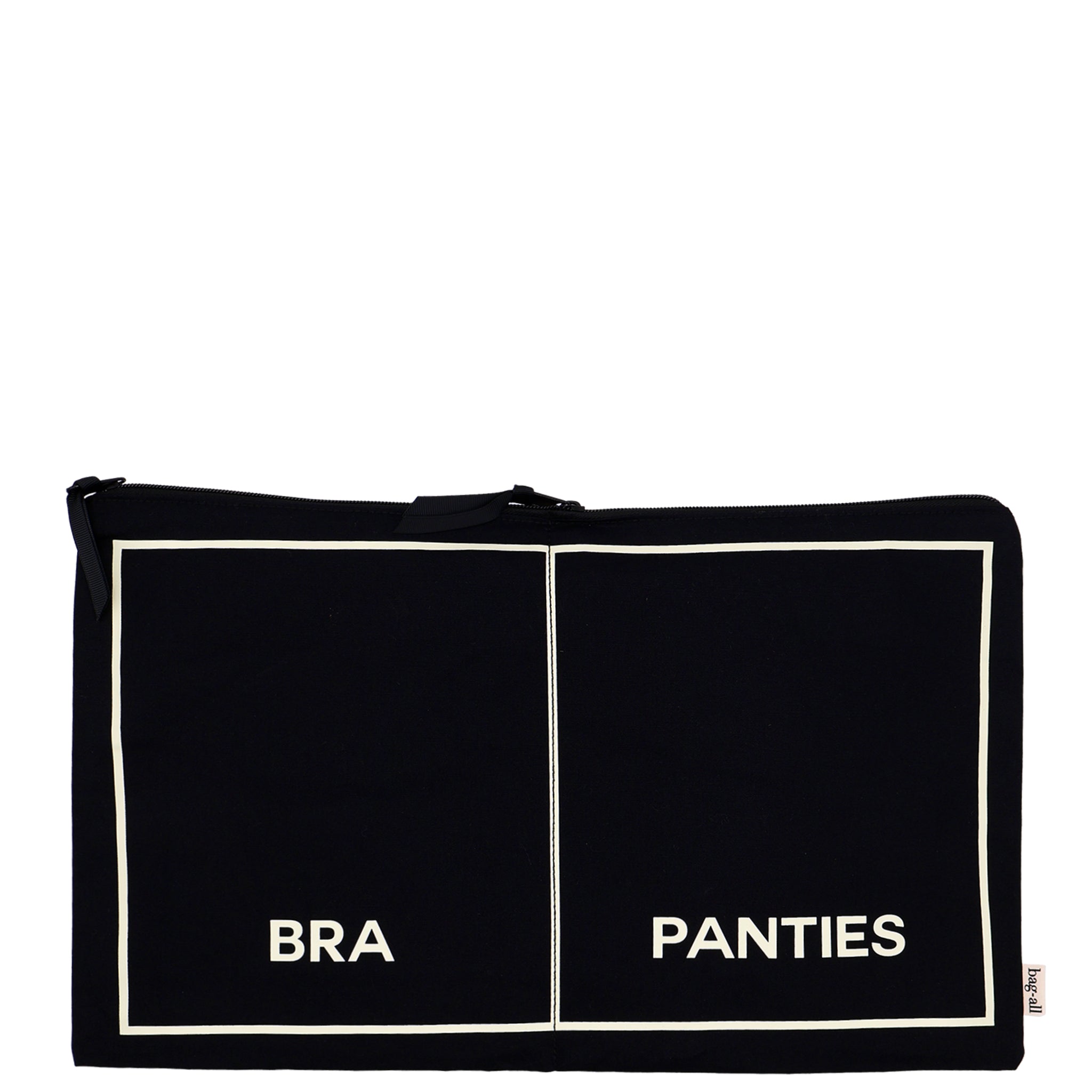 Black double underwear organizer bag with separate bra and panties sections by Bag-all for easy storage and travel organization