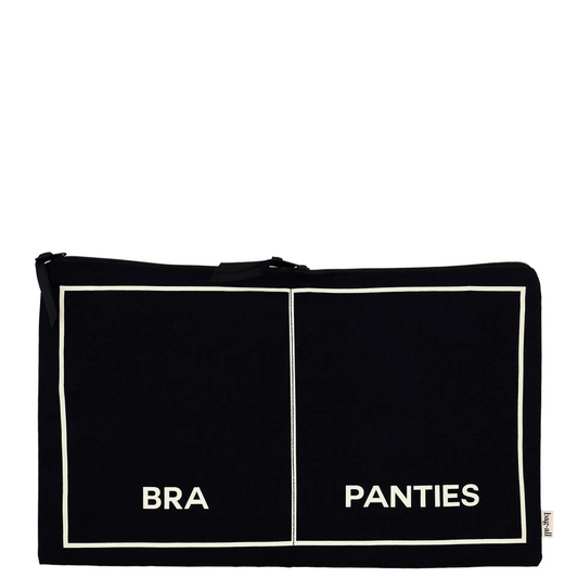 Bag-all black double underwear organizer with separate bra and panties compartments for easy storage and travel.