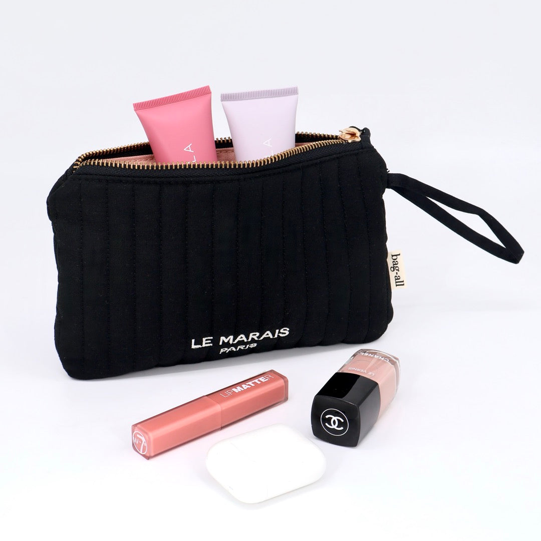 Bag-all Le Marais Pouch – Quilted Black quilted cosmetic bag for personalized travel organization