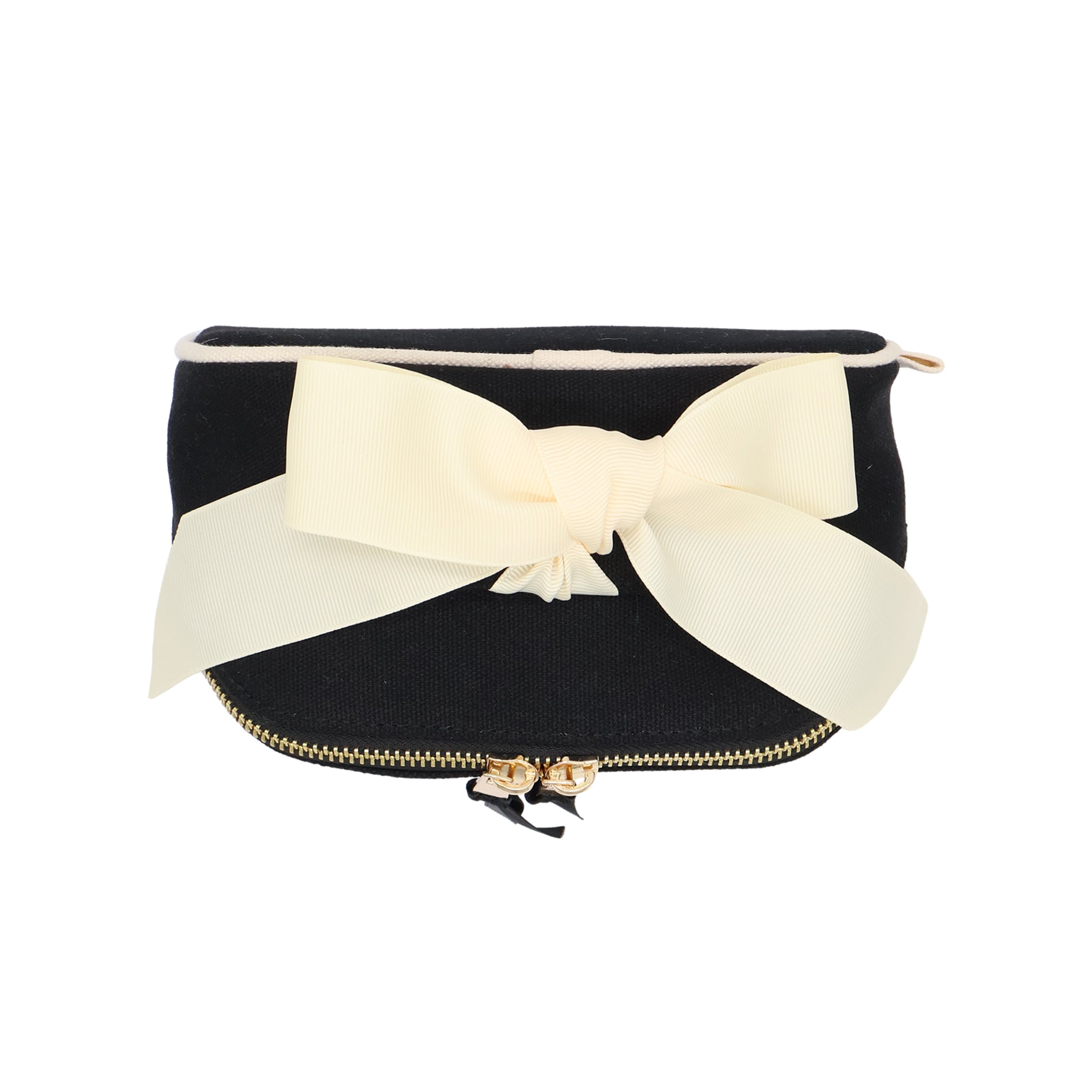 Petite Accordion Makeup Case – Black featuring a Paris-designed personalized cotton travel bag with gold zipper and large ivory bow for organized packing.
