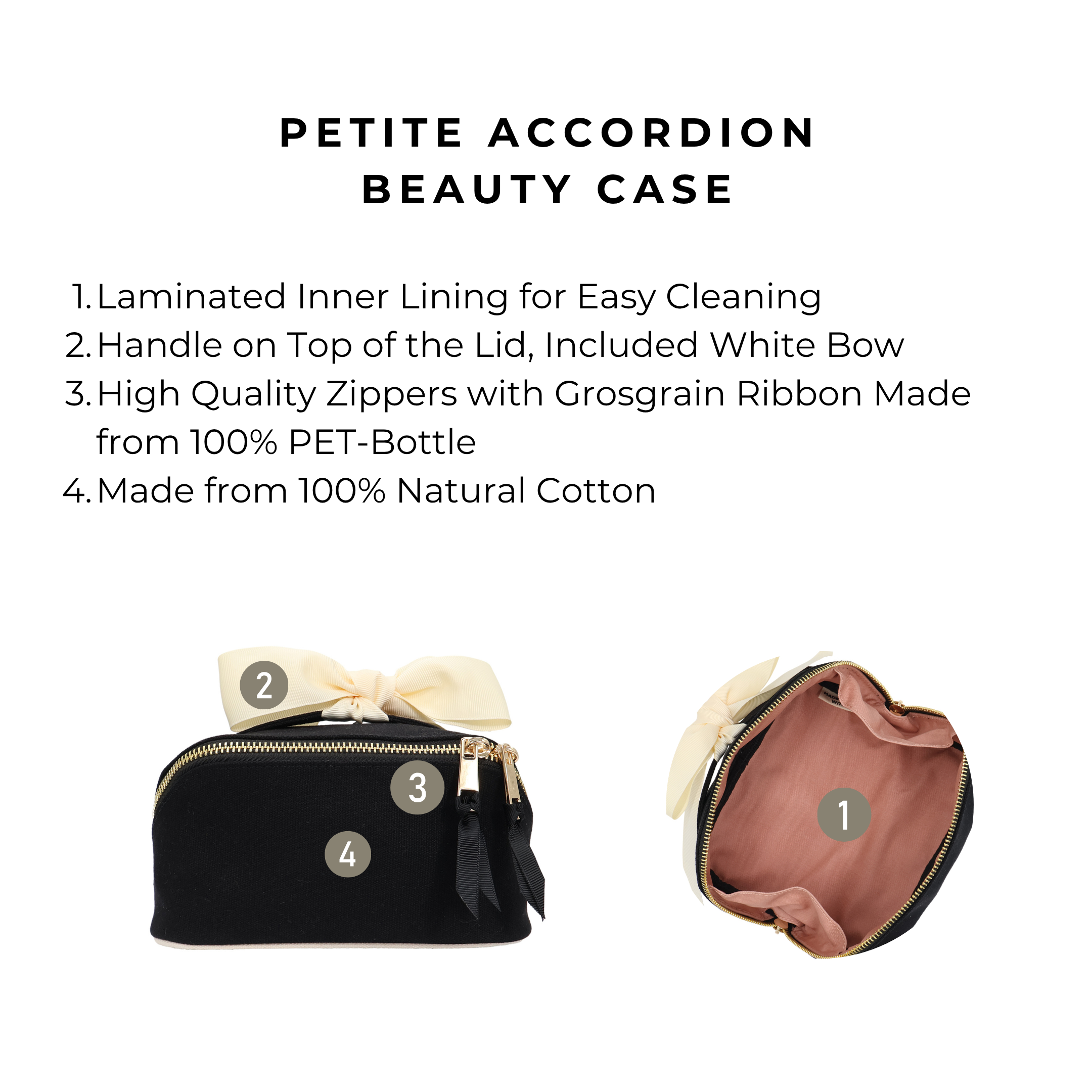 Petite Accordion Makeup Case – Black by Bag-all, Paris-designed natural cotton travel case with laminated lining and grosgrain ribbon for stylish organization.