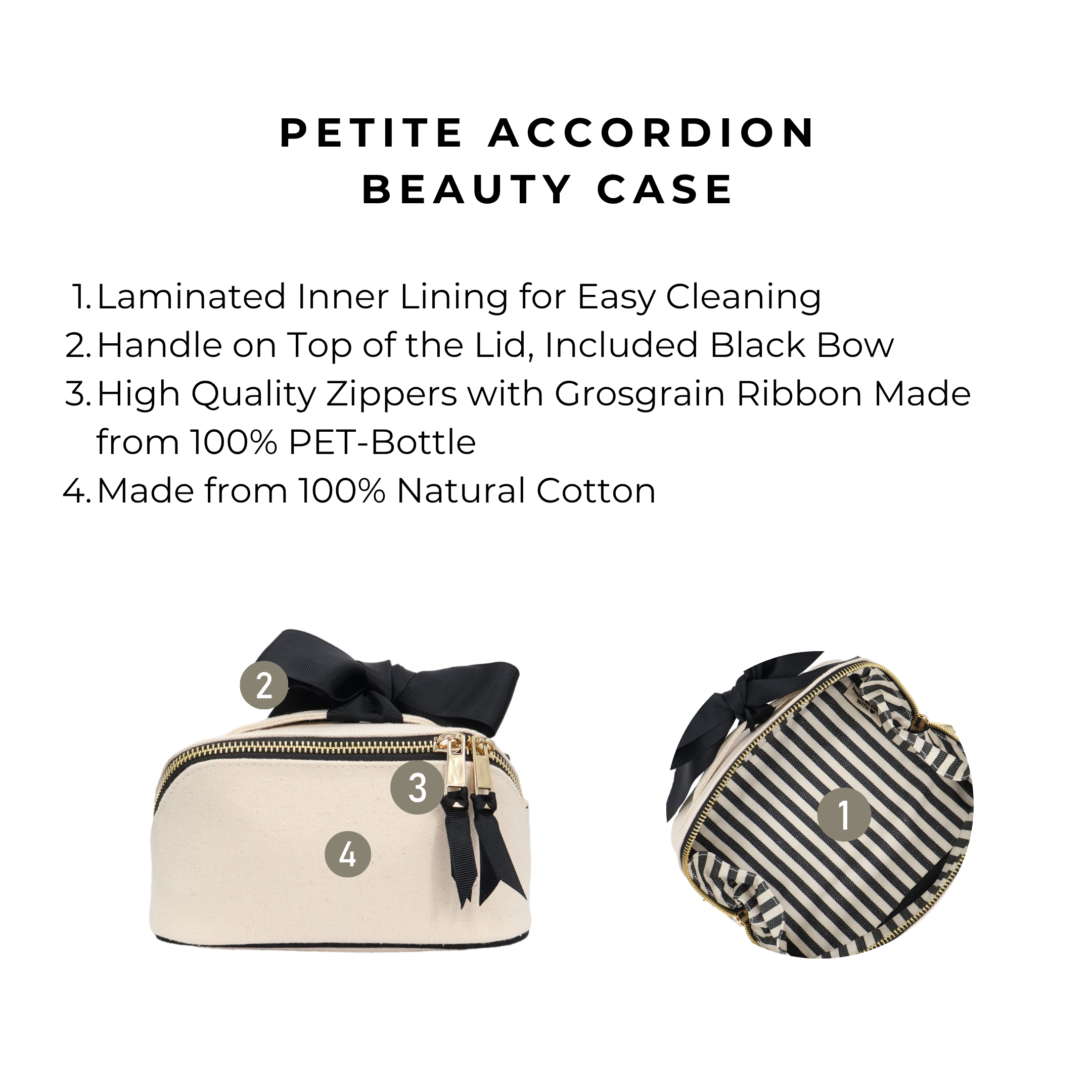 Petite Accordion Makeup Case – Cream by Bag-all, a Paris-designed travel organizer in natural cotton with laminated lining, gold zipper, and black bow for neat packing.