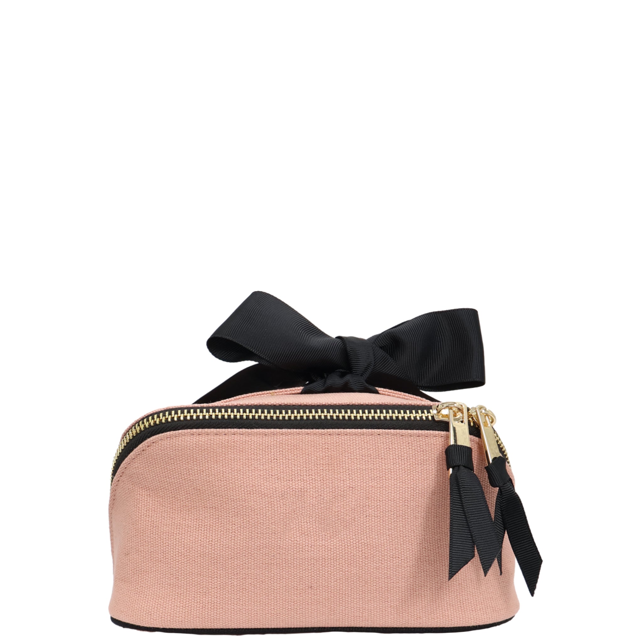 Petite Accordion Makeup Case – Pink/Blush by Bag-all, Paris-designed personalized cotton bag with gold zippers, black bow, and travel organization focus.