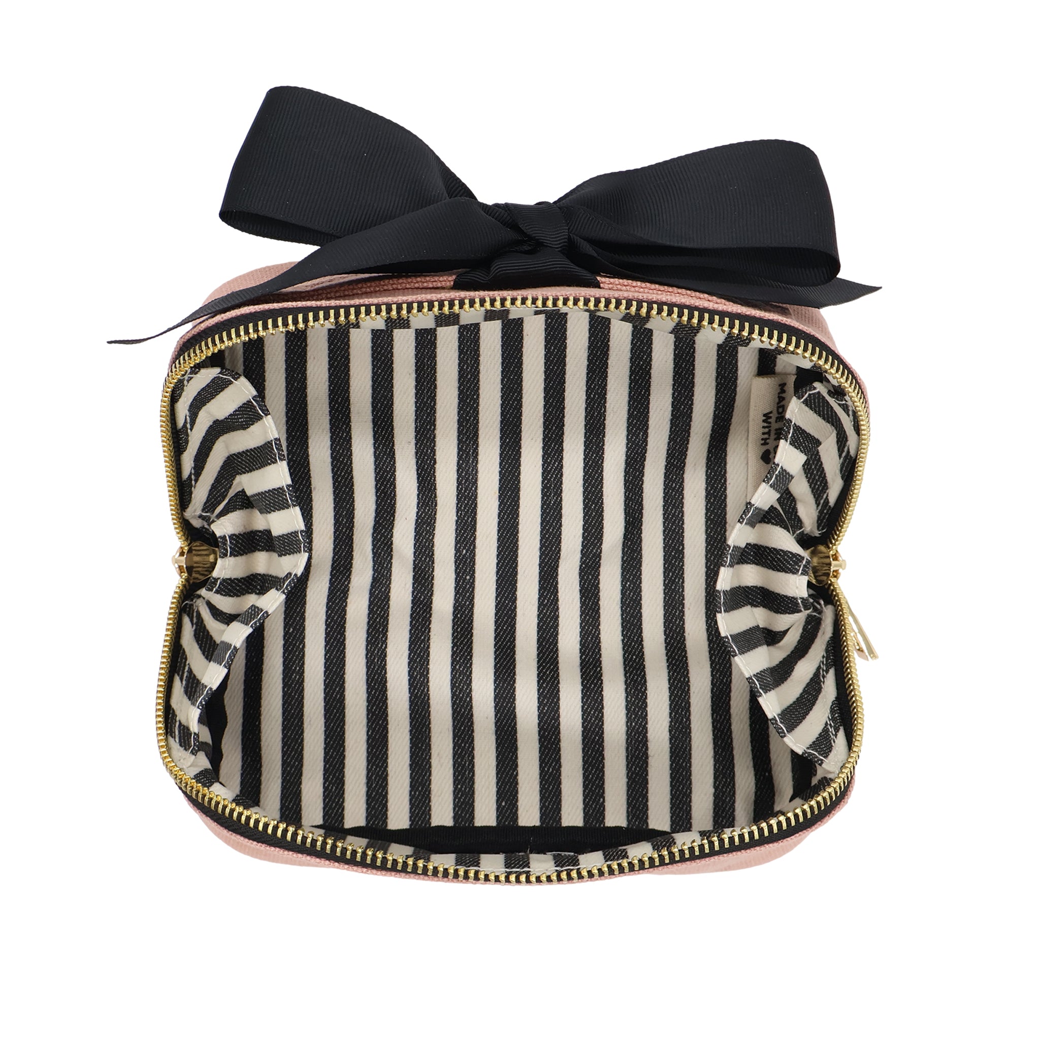 Petite Accordion Makeup Case – Pink/Blush by Bag-all, Paris-designed cotton travel bag with striped interior, gold zipper, and black bow for personalized organization.