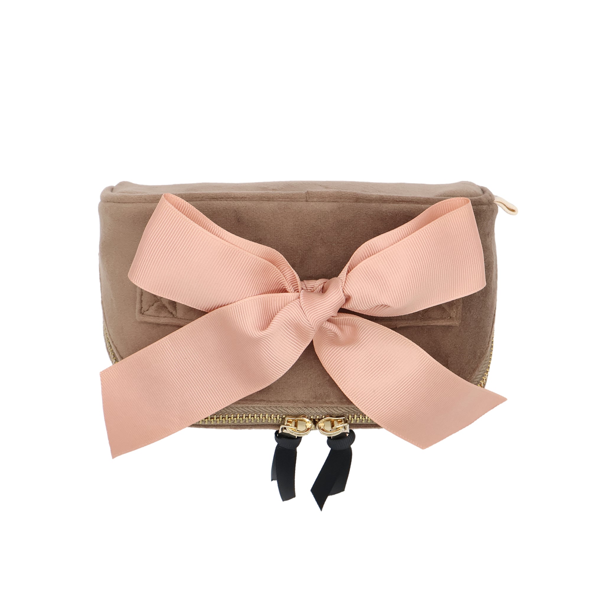 Petite Accordion Makeup Case – Eco Velvet – Latte Taupe with a soft blush grosgrain bow and gold-tone zipper for stylish, personalized travel organization by Bag-all