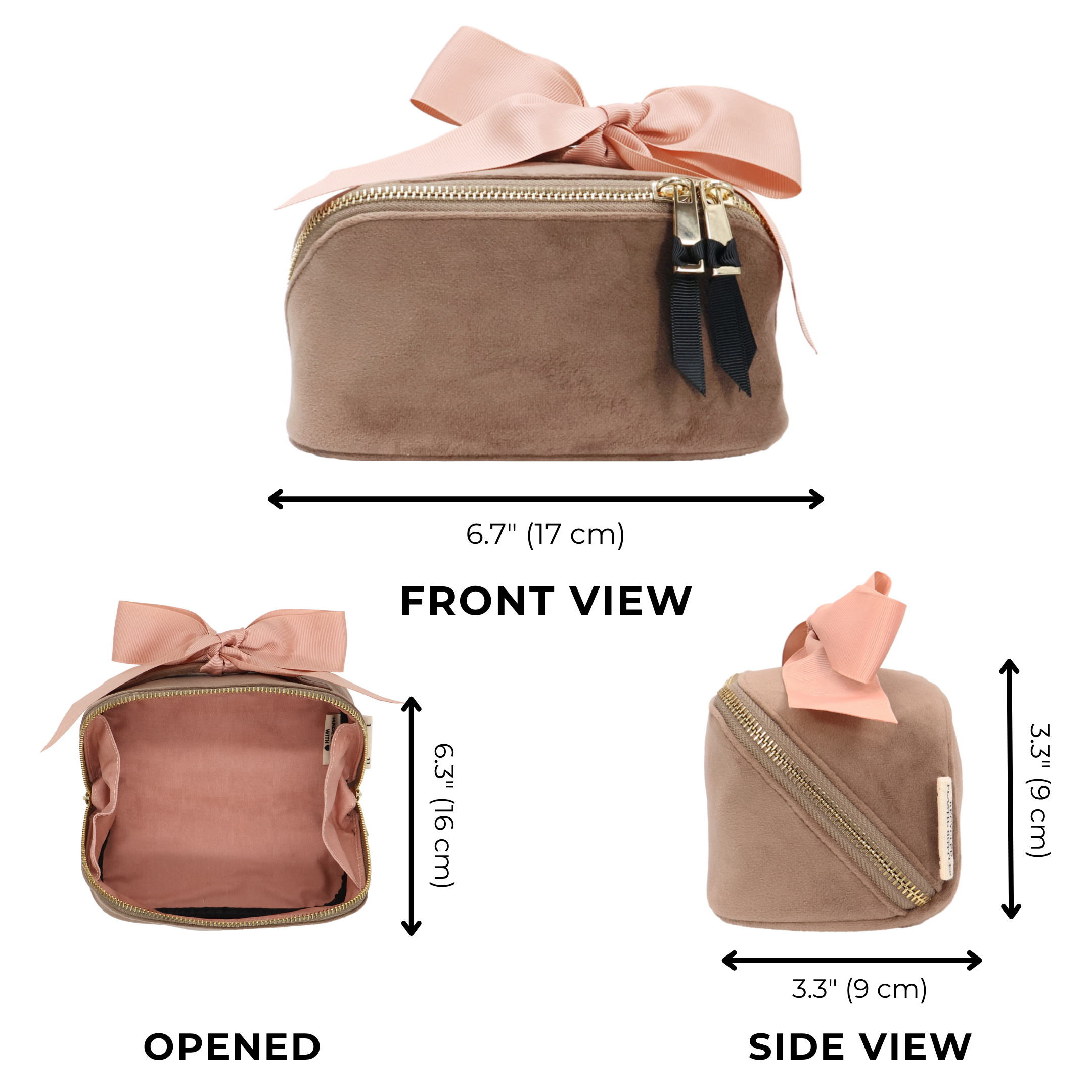 Petite Accordion Makeup Case – Eco Velvet – Latte Taupe with soft pink grosgrain bow, gold zippers, and plush velvet for stylish travel organization by Bag-all