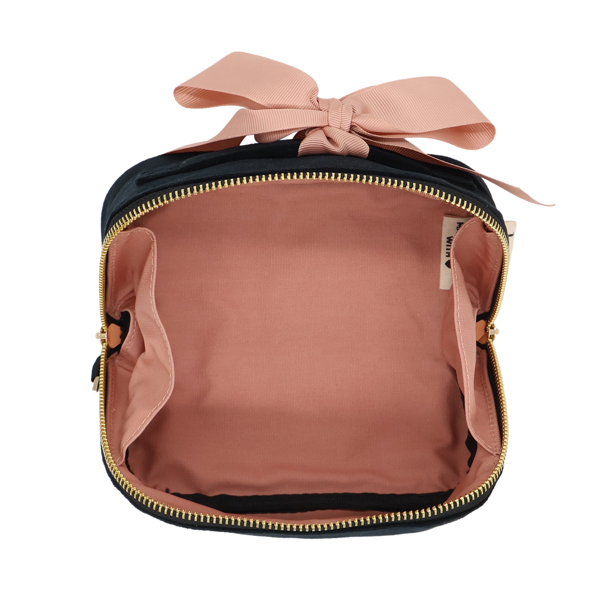 Petite Accordion Makeup Case – Eco Velvet – Jetset Black with pink interior, gold zipper, and ribbon for personalized travel organization by Bag-all.