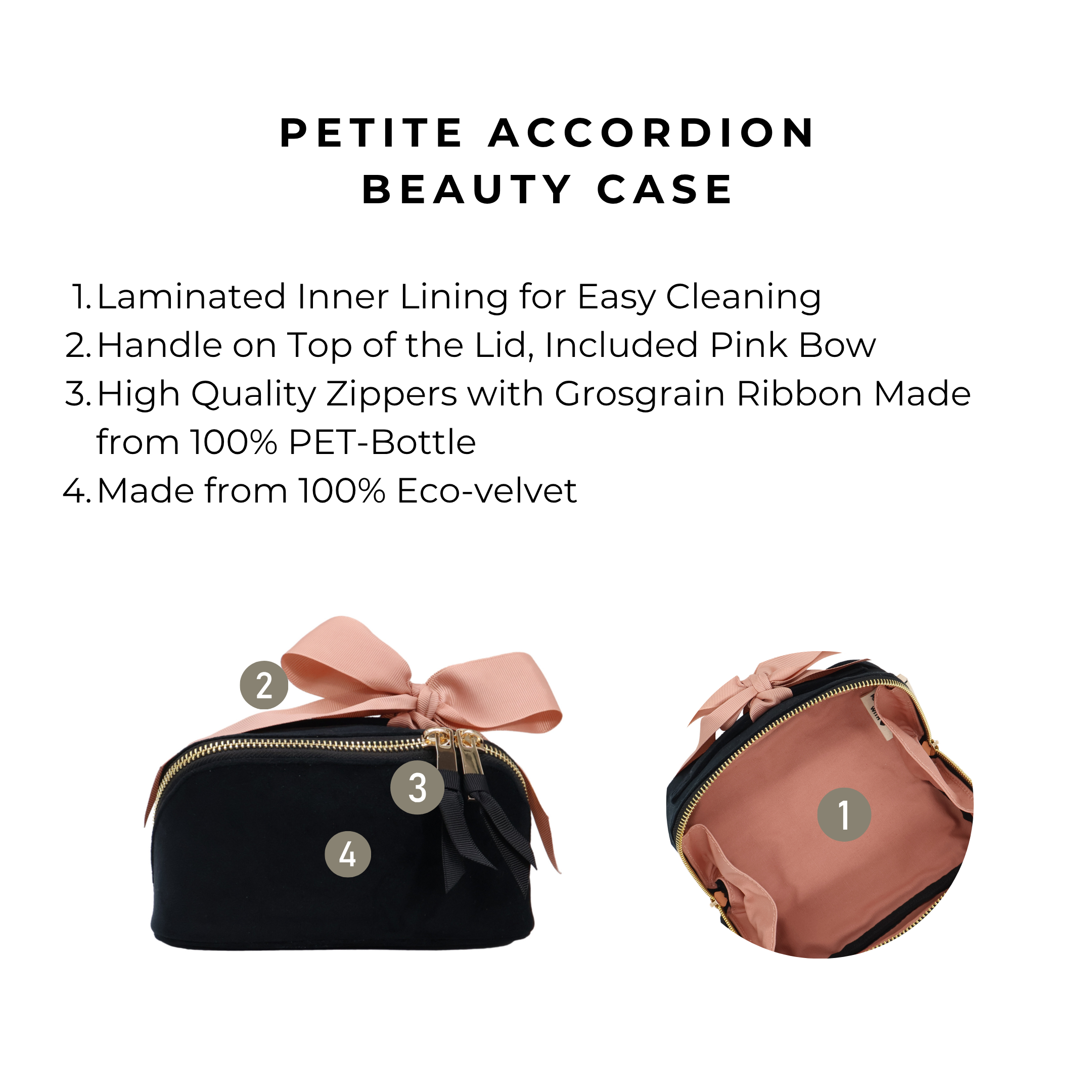 Petite Accordion Makeup Case – Eco Velvet – Jetset Black with laminated lining, top handle, pink bow, and durable zippers for stylish travel organization by Bag-all.