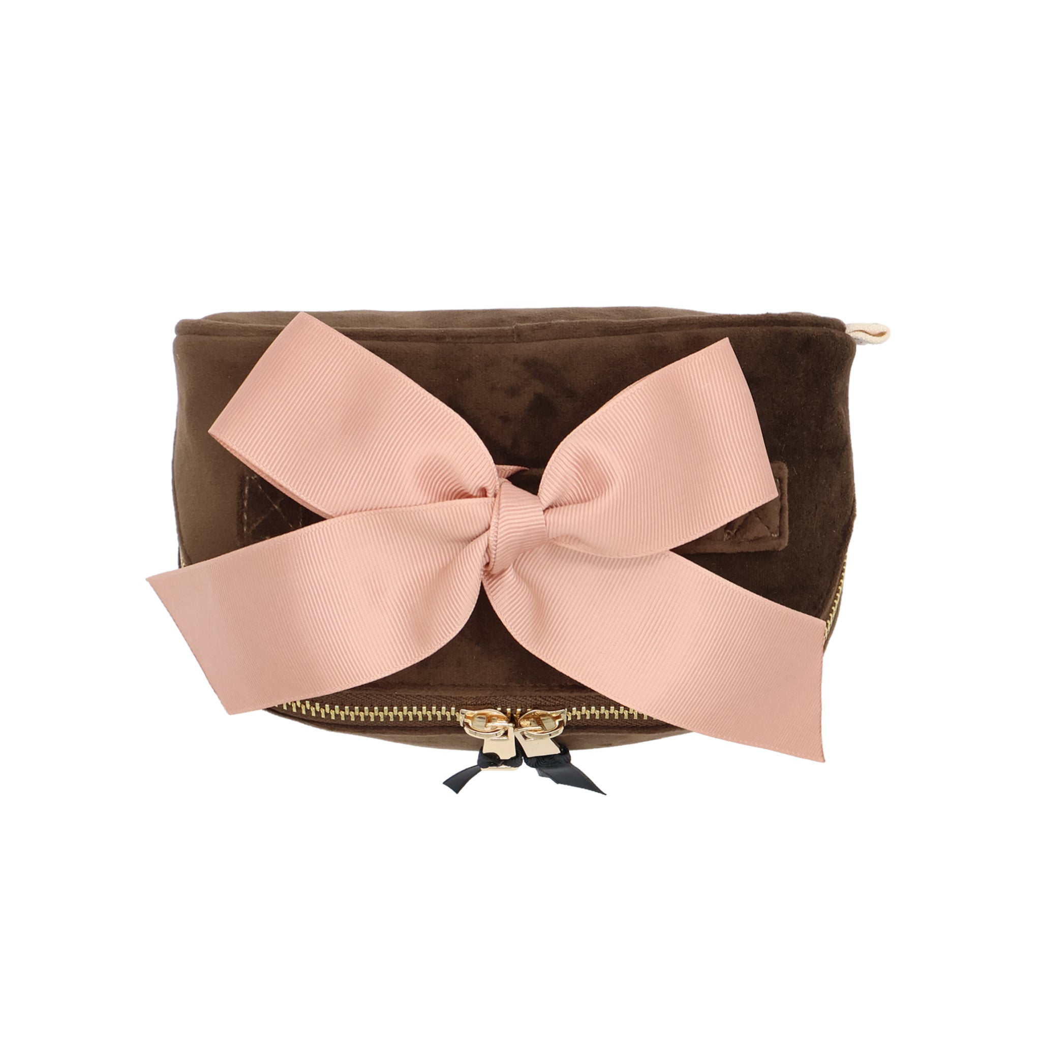 Petite Accordion Makeup Case – Eco Velvet – Espresso Brown featuring a soft blush grosgrain bow and gold zipper for personalized travel organization by Bag-all