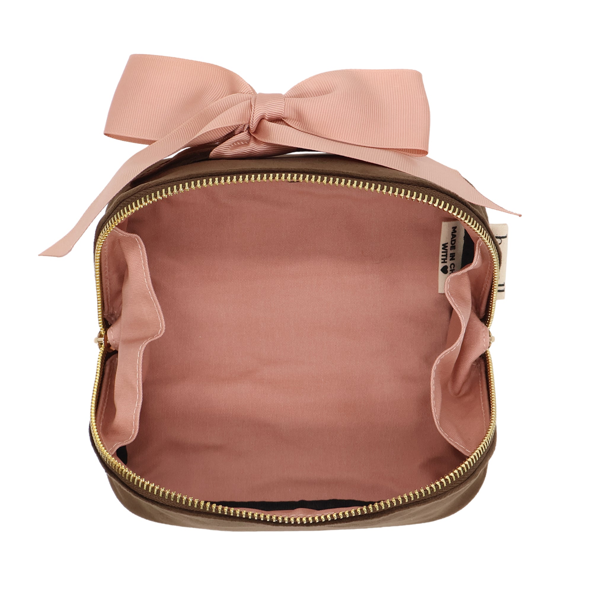 Petite Accordion Makeup Case – Eco Velvet – Espresso Brown with soft pink interior, grosgrain bow, gold zipper, designed by Bag-all for personalized travel organization