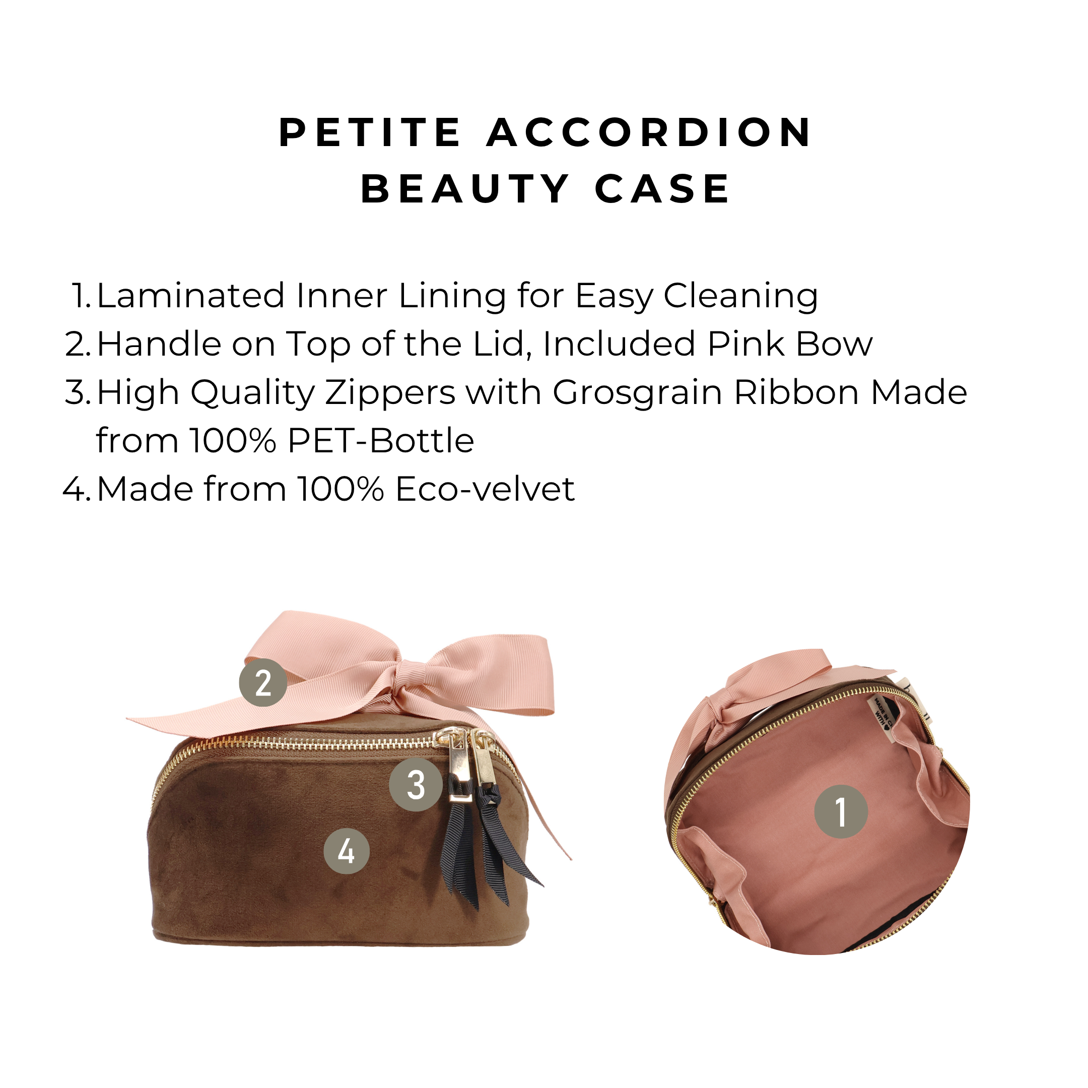 Petite Accordion Makeup Case – Eco Velvet – Espresso Brown with laminated lining, pink grosgrain bow, and eco-friendly velvet fabric by Bag-all for travel organization