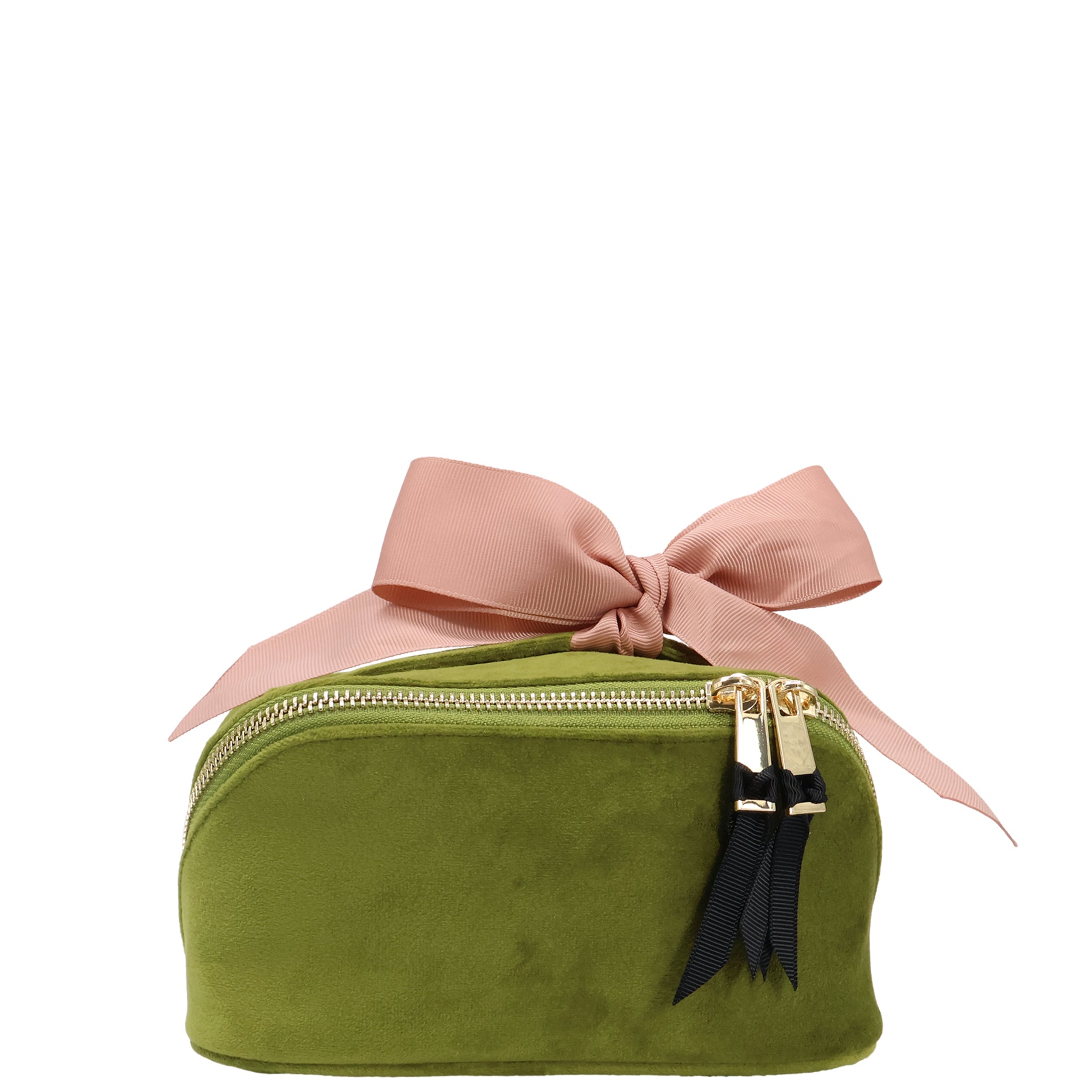 Petite Accordion Makeup Case – Eco Velvet – Matcha Green featuring a soft pink grosgrain bow, gold zippers, and velvet texture for personalized travel organization by Bag-all