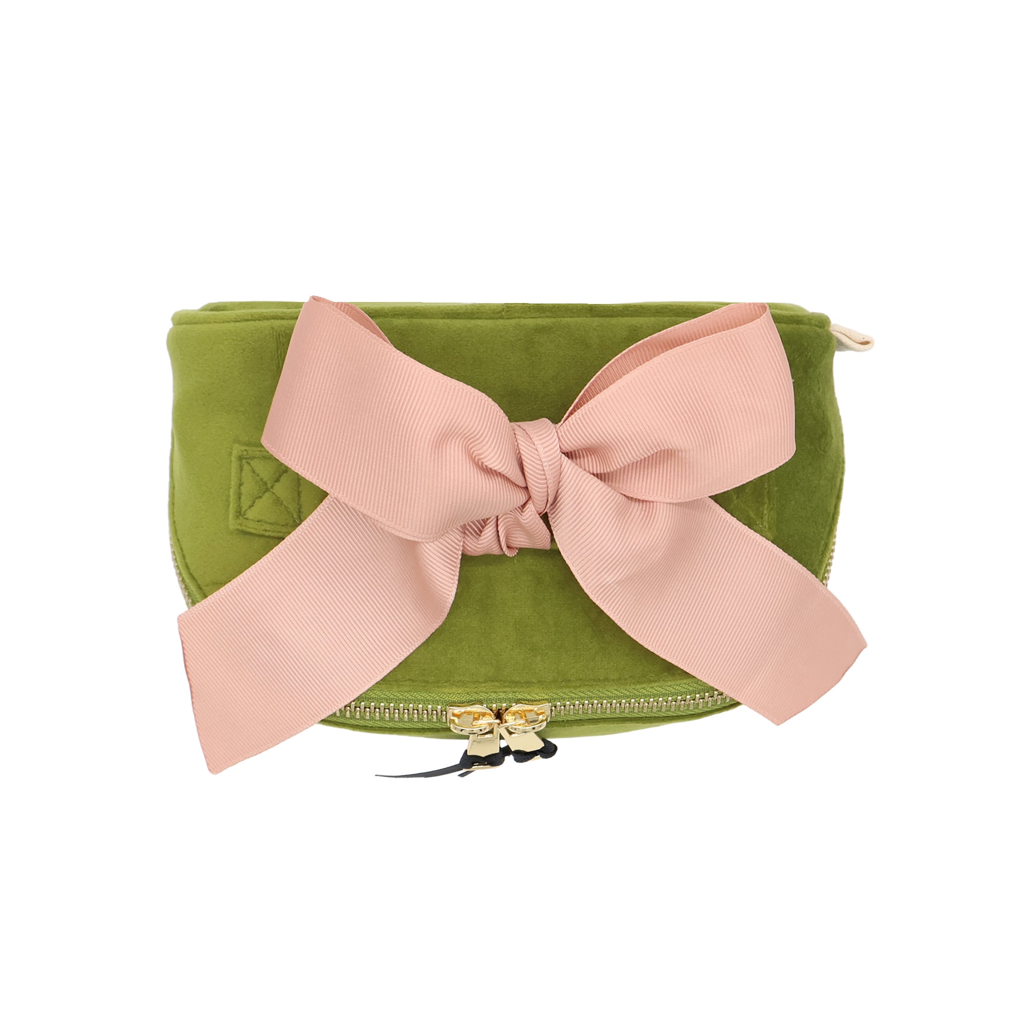 Petite Accordion Makeup Case – Eco Velvet – Matcha Green with soft velvet texture, pink bow, and gold zipper designed by Bag-all for personalized travel organization