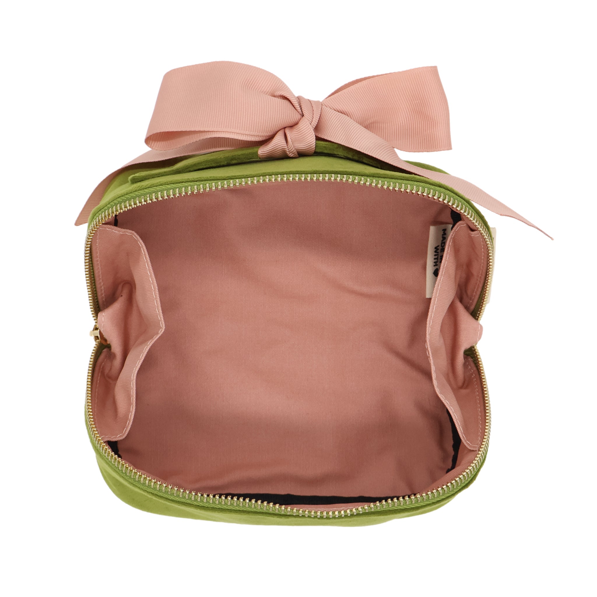 Petite Accordion Makeup Case – Eco Velvet – Matcha Green with soft pink interior, large bow, spacious compartments for travel organization by Bag-all.