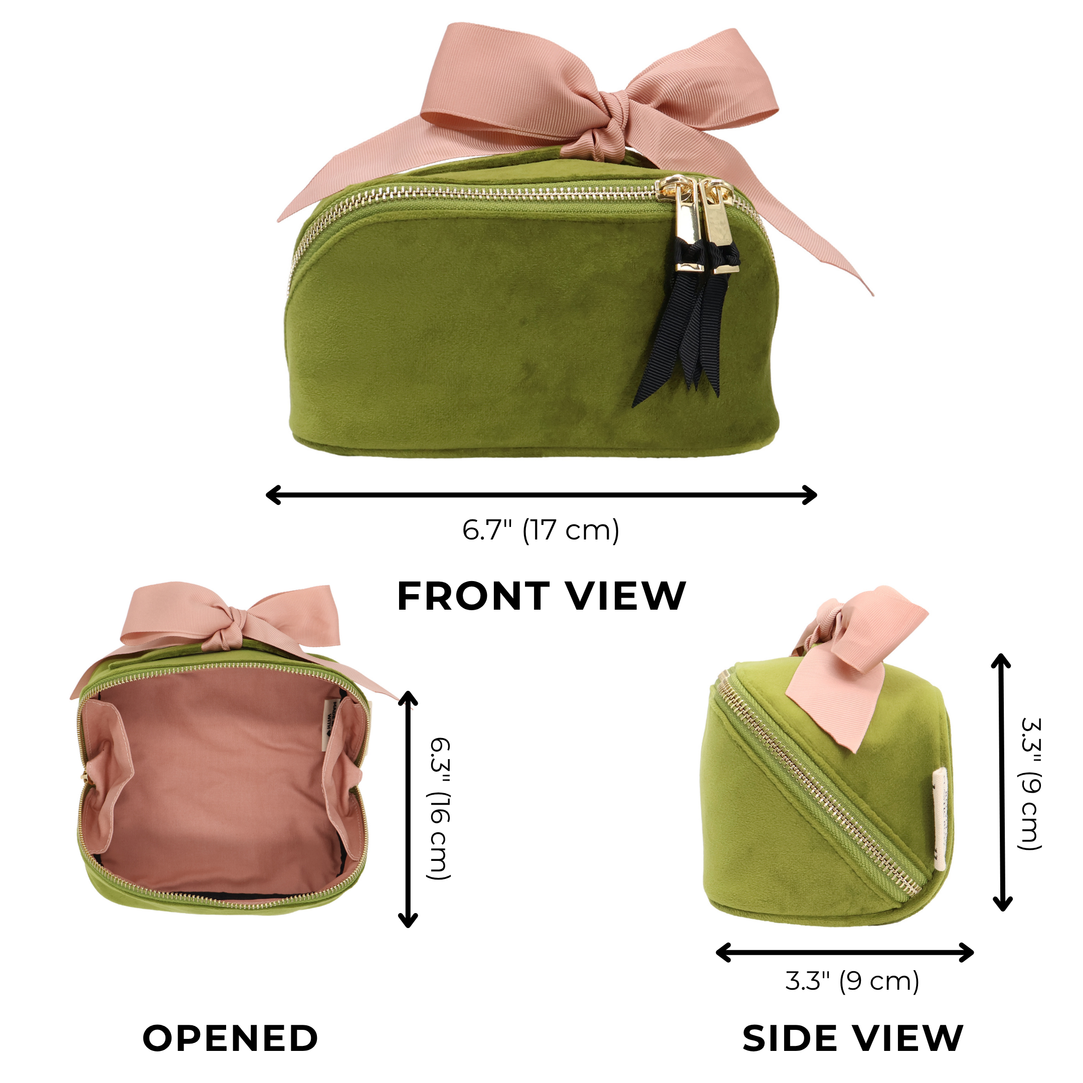 Petite Accordion Makeup Case – Eco Velvet – Matcha Green with pink bow and gold zippers, velvet texture for stylish, personalized travel organization by Bag-all