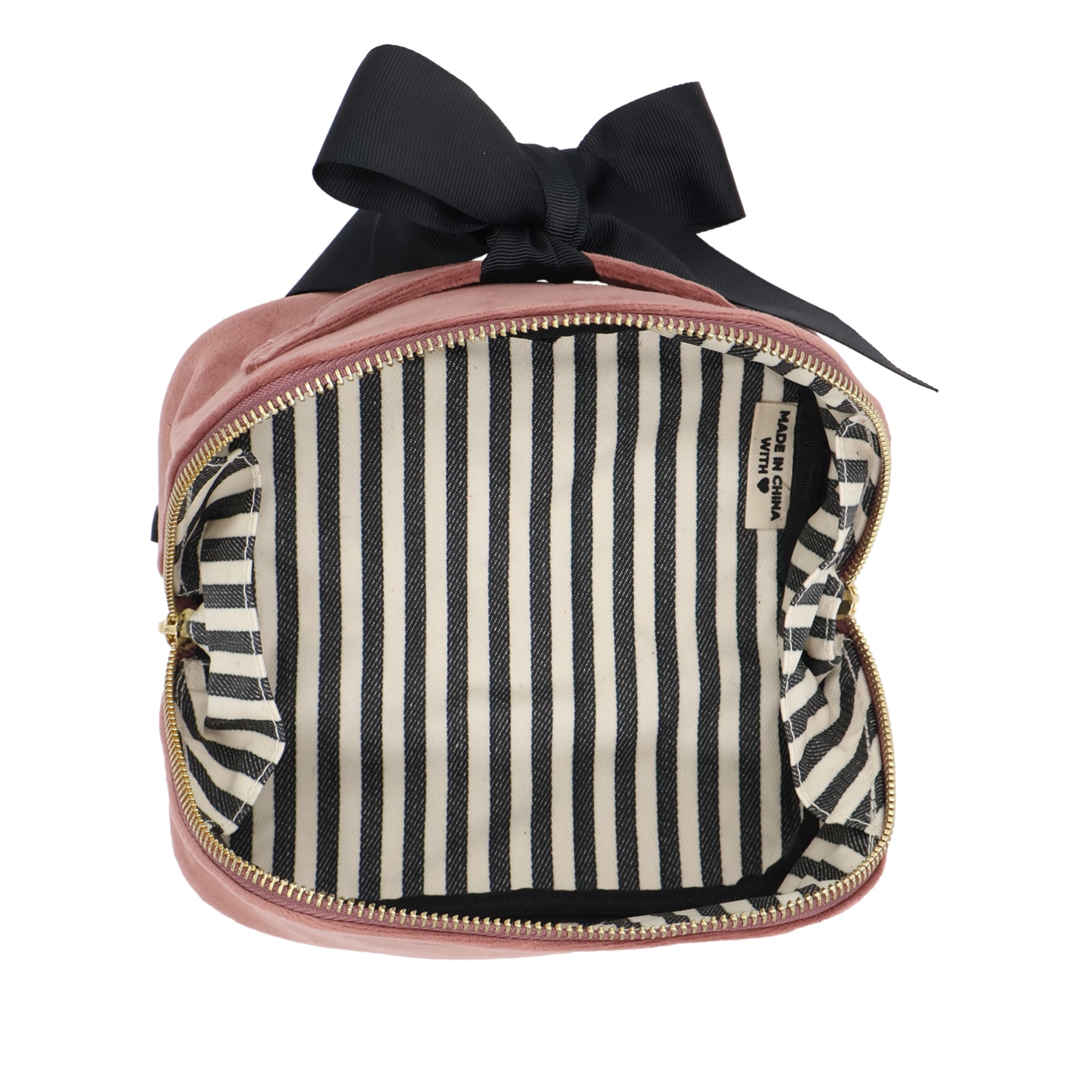 Petite Accordion Makeup Case – Eco Velvet – Blush Pink with striped interior, black bow, and gold zipper, perfect for personalized travel organization by Bag-all