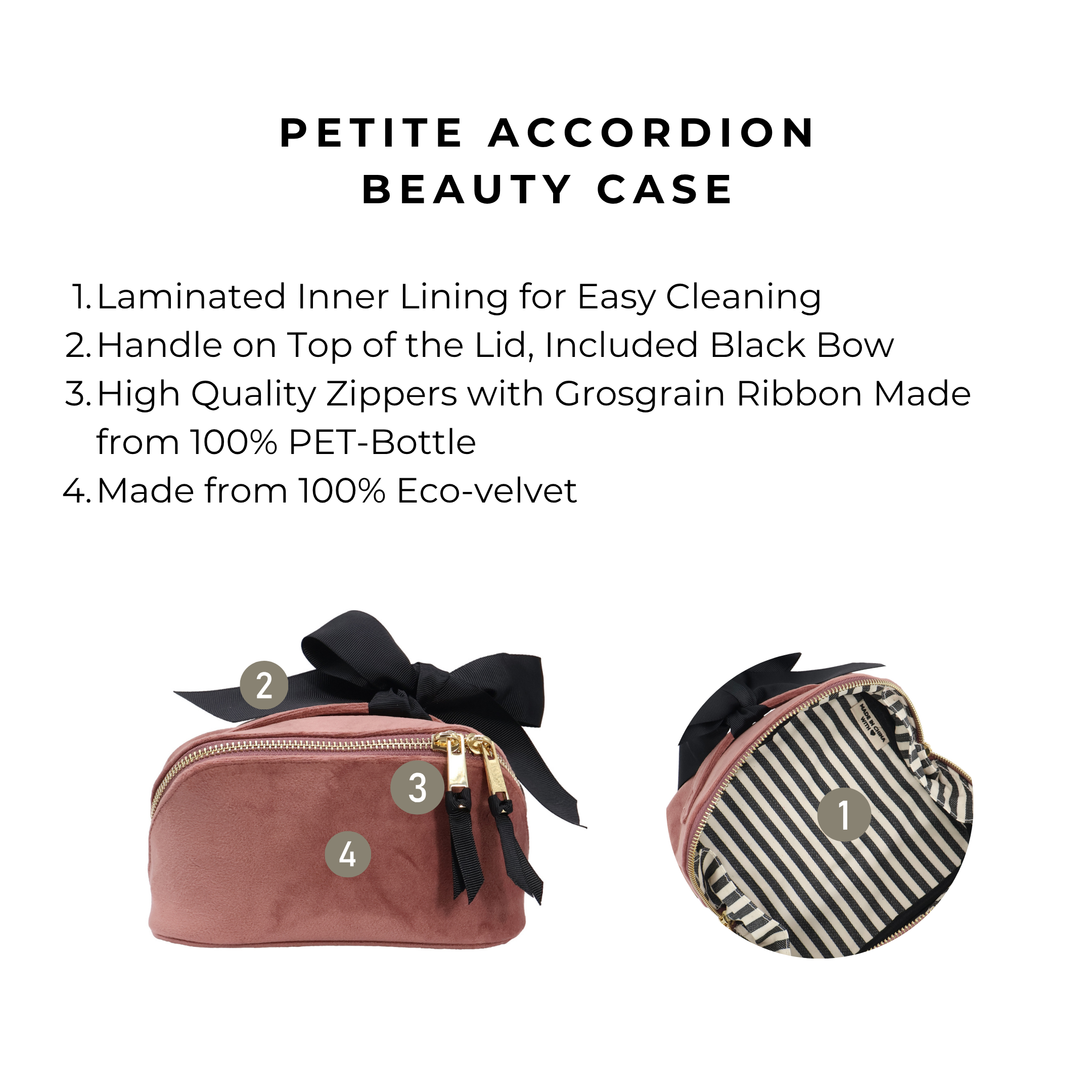 Petite Accordion Makeup Case – Eco Velvet – Blush Pink with black bow, striped laminated interior, durable zippers, and eco-friendly velvet by Bag-all.