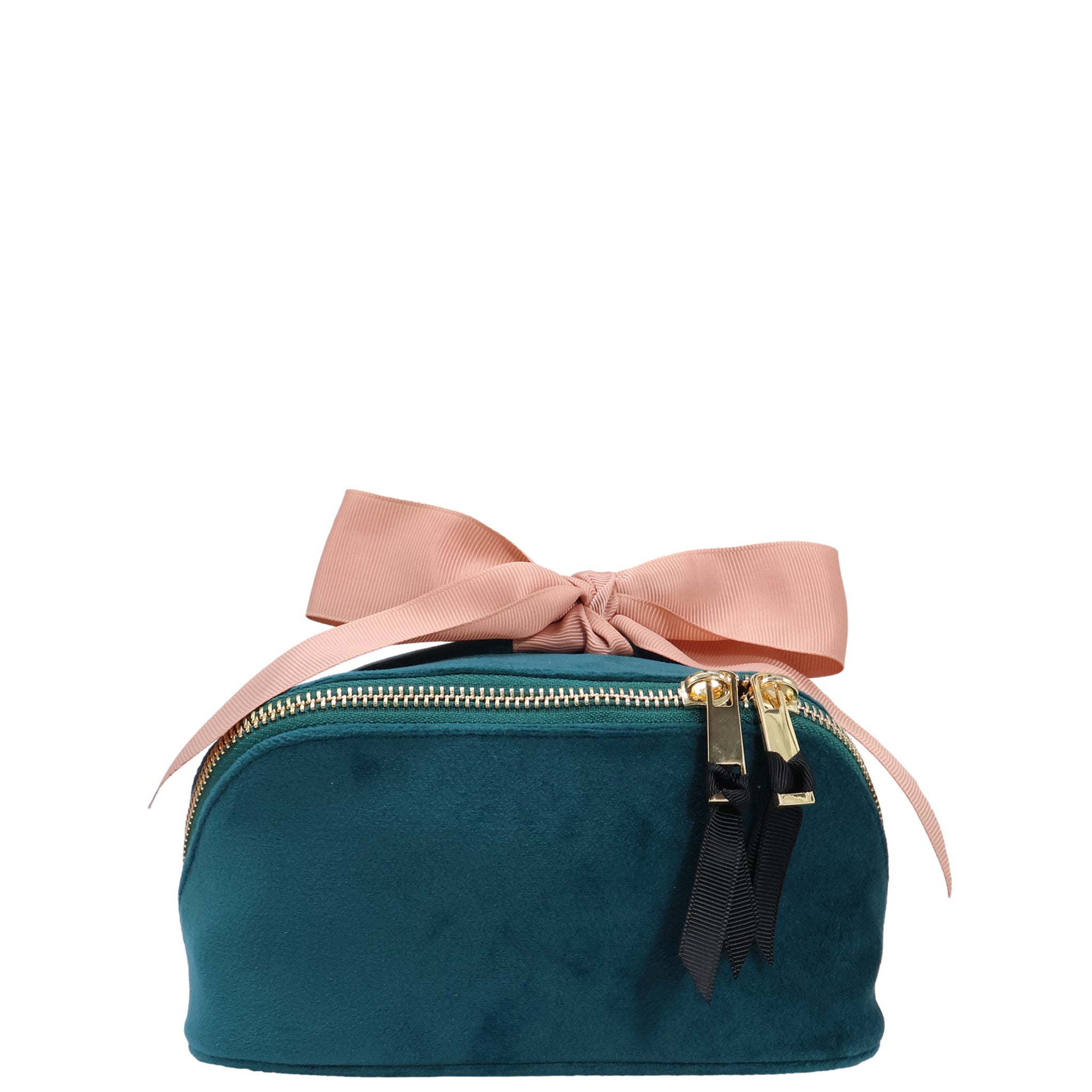 Petite Accordion Makeup Case – Eco Velvet – Aqua Teal with pink grosgrain bow, gold zippers, and soft velvet texture for stylish travel organization by Bag-all