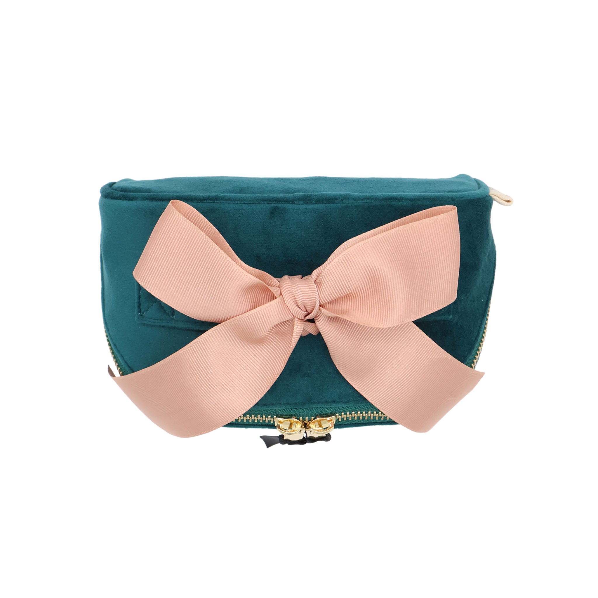 Petite Accordion Makeup Case – Eco Velvet – Aqua Teal with a blush pink grosgrain bow and gold zipper for stylish, personalized travel organization by Bag-all
