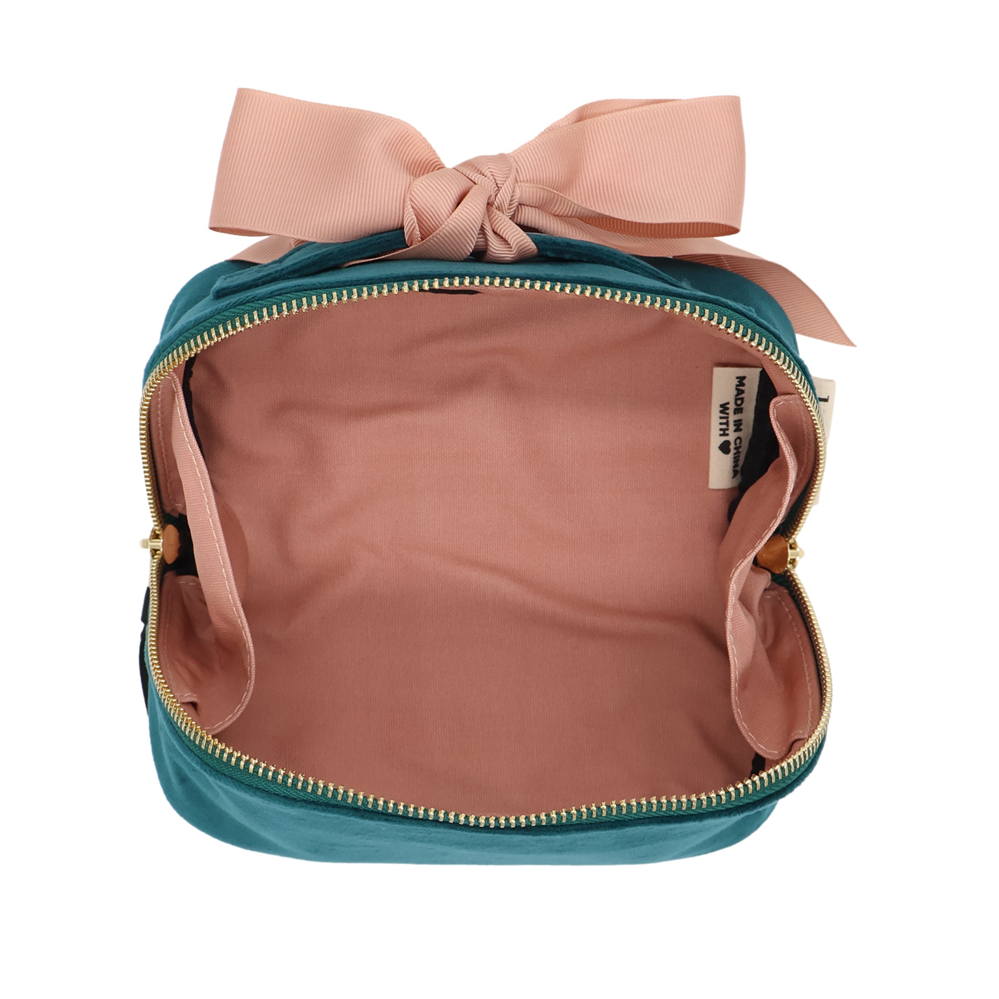 Petite Accordion Makeup Case – Eco Velvet – Aqua Teal with soft pink interior, gold zipper, and oversized bow for stylish travel organization by Bag-all.