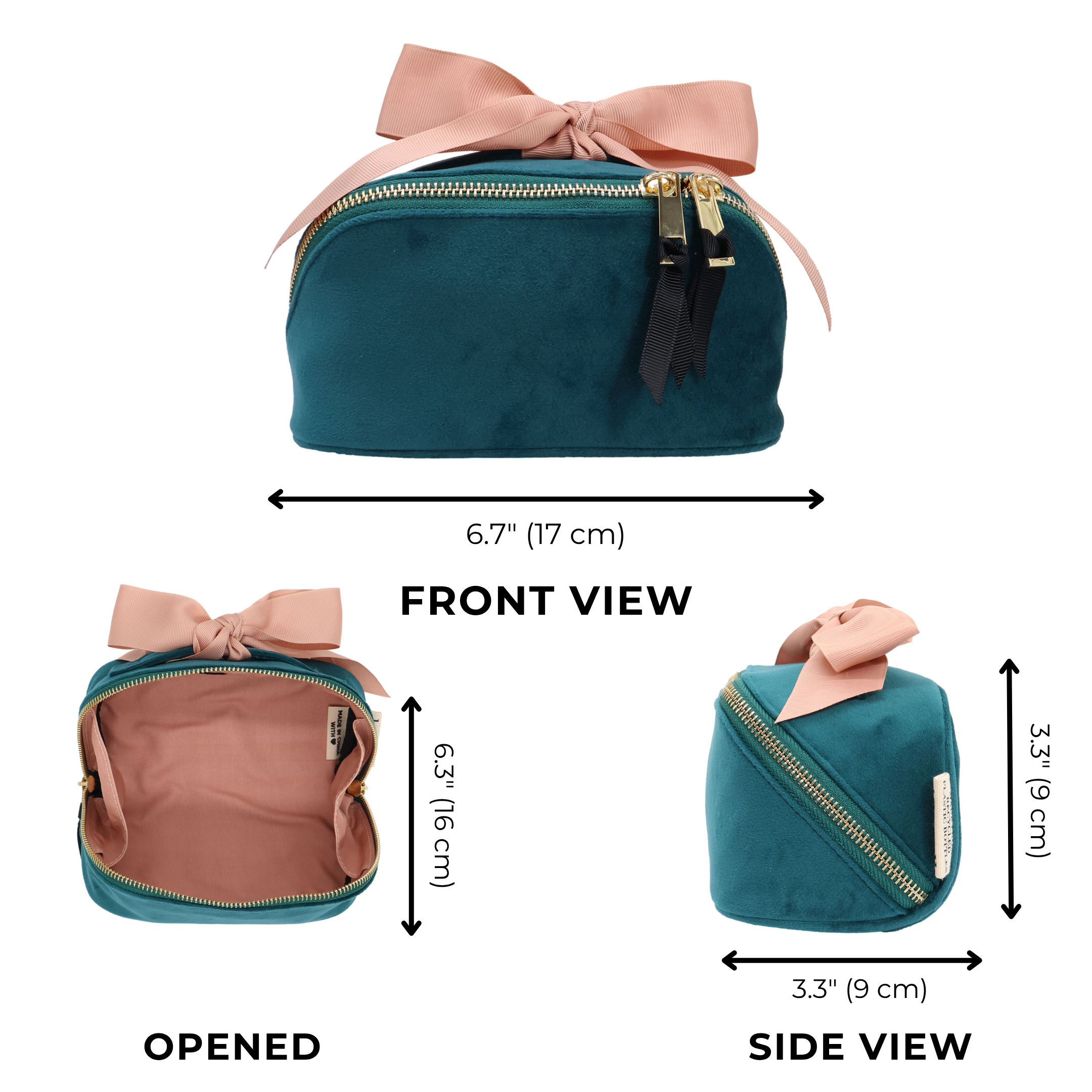 Petite Accordion Makeup Case – Eco Velvet – Aqua Teal featuring a soft pink bow, gold zippers, and velvet texture for stylish personalized travel organization by Bag-all