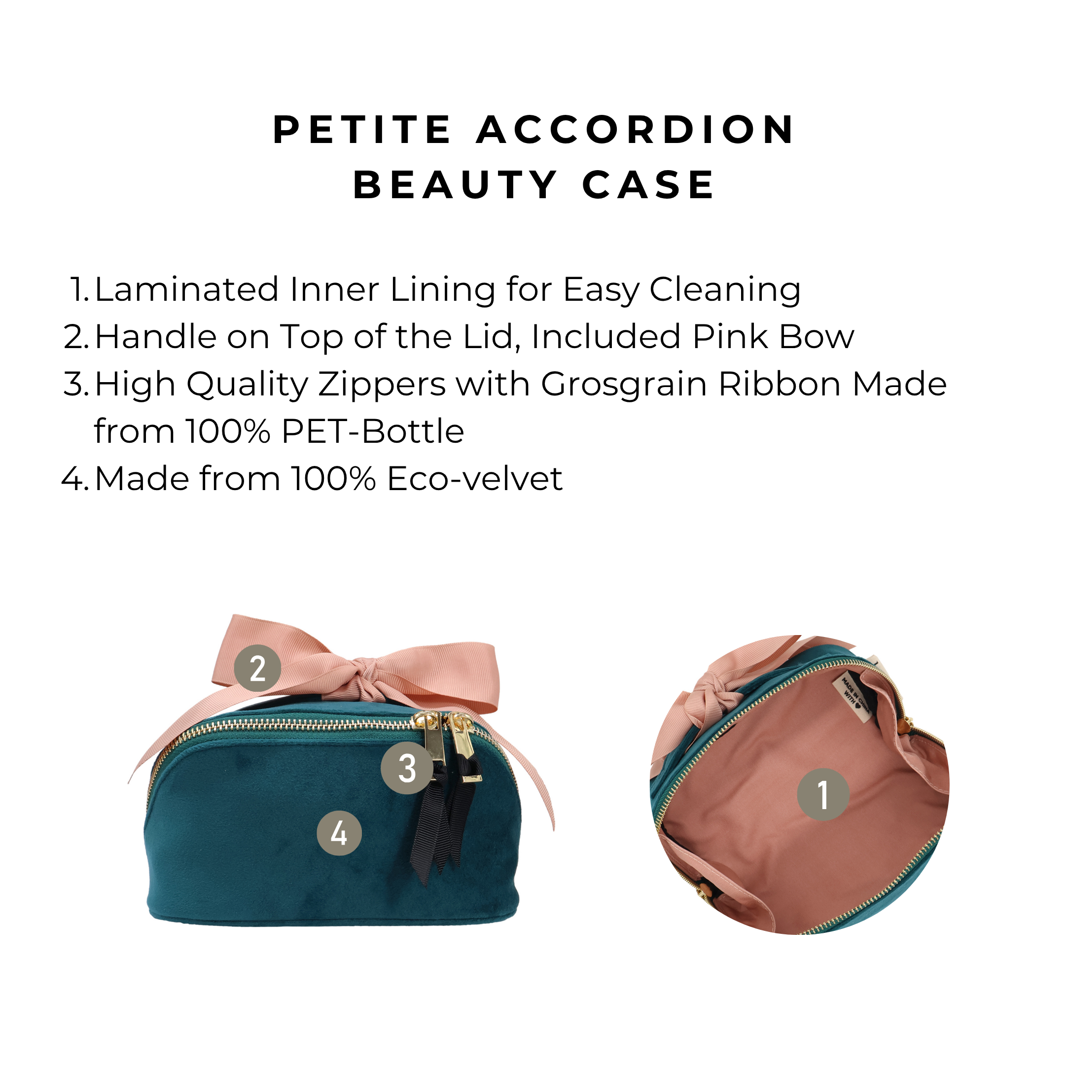 Petite Accordion Makeup Case – Eco Velvet – Aqua Teal with pink bow, laminated interior, eco-friendly velvet, and durable grosgrain zipper by Bag-all.