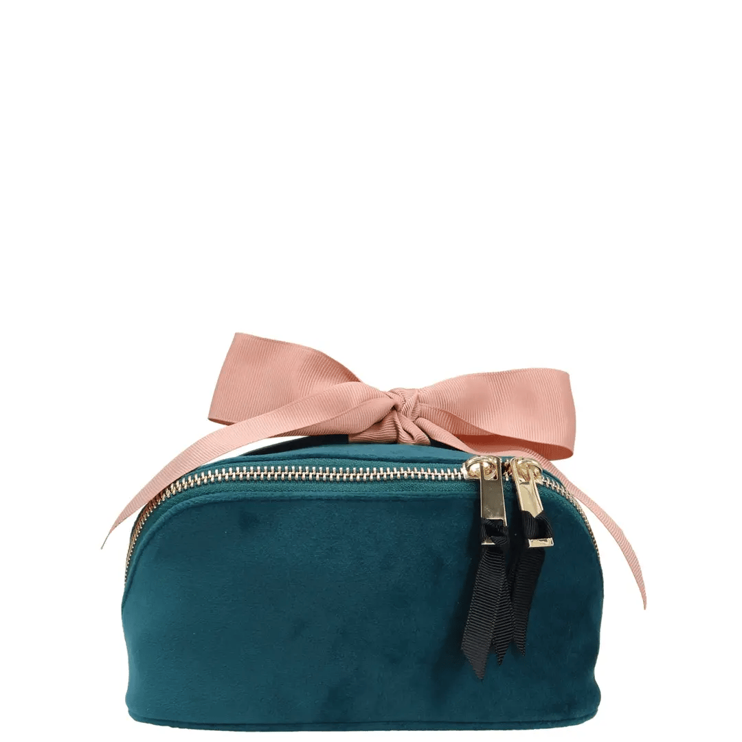 Petite Accordion Makeup Case – Eco Velvet – Aqua Teal with soft velvet fabric, pink grosgrain bow, gold zippers, designed by Bag-all for personalized travel organization