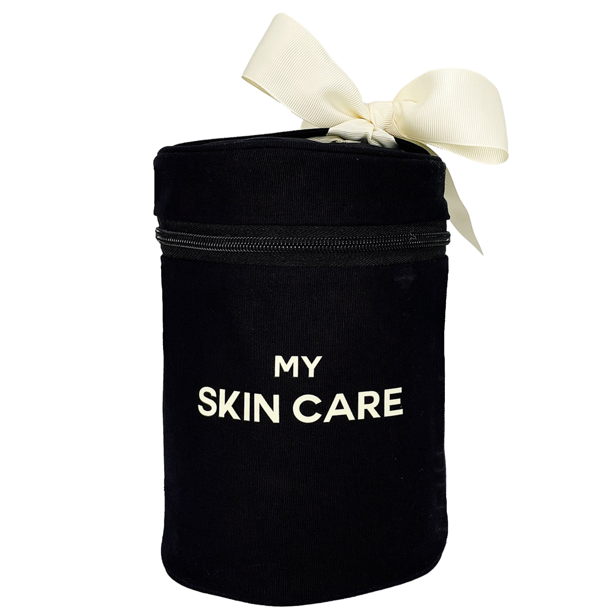 Bag-all Round Skin Care Case with Handle in Black, featuring cream bow detail, zippered cylindrical design with My Skin Care text, perfect for beauty storage