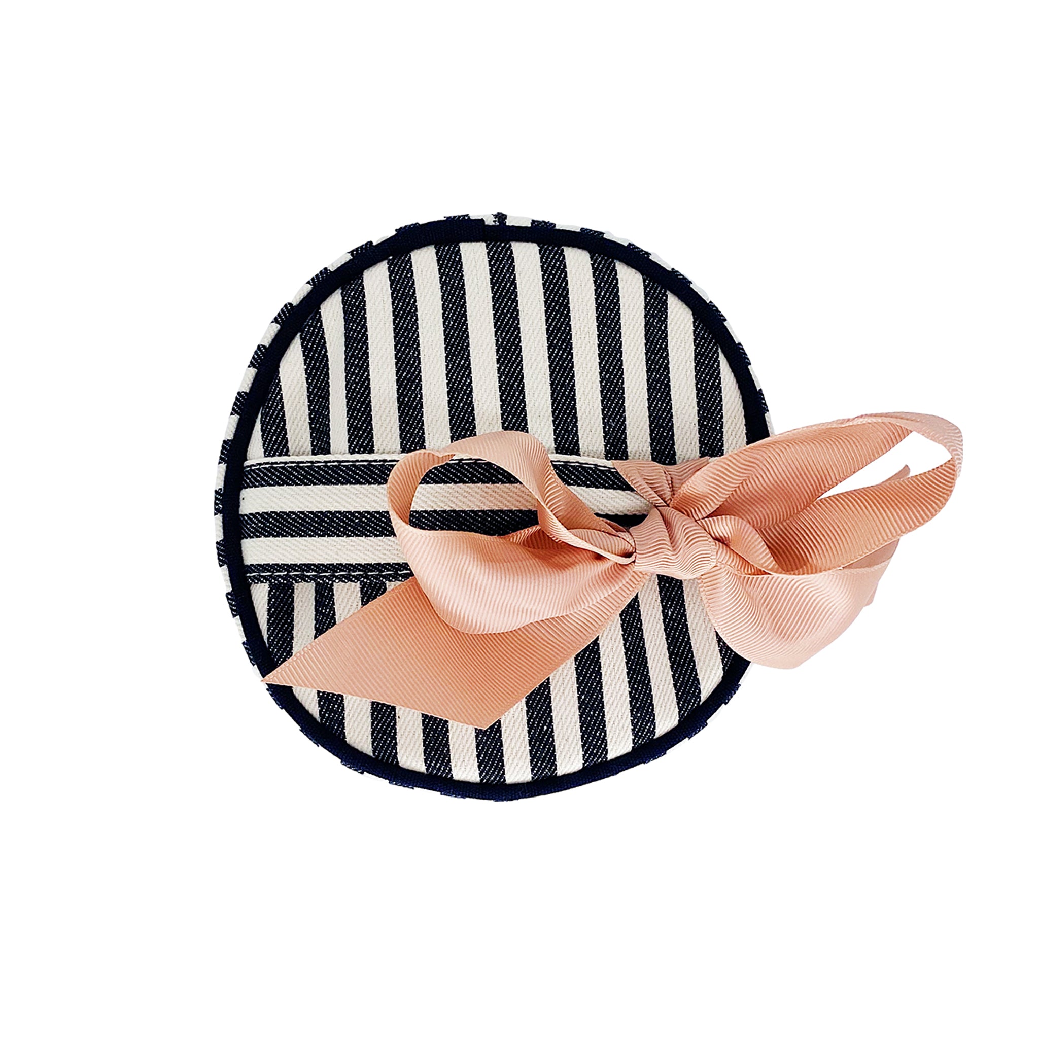 Bag-all Round Skin Care Case with Handle in black and white stripes, featuring a decorative pink bow accent, top view of cylindrical travel organizer