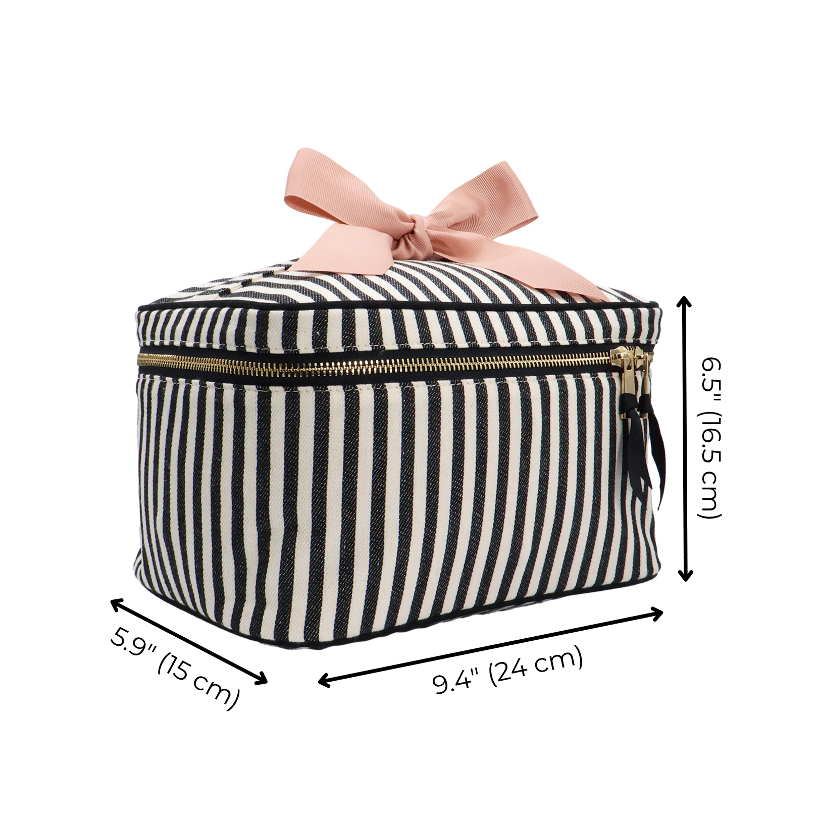 Medium Box Makeup & Toiletry with Insert Organizer – Striped by Bag-all, a Paris-designed cotton travel case with gold zipper and pink bow handle for organized packing.