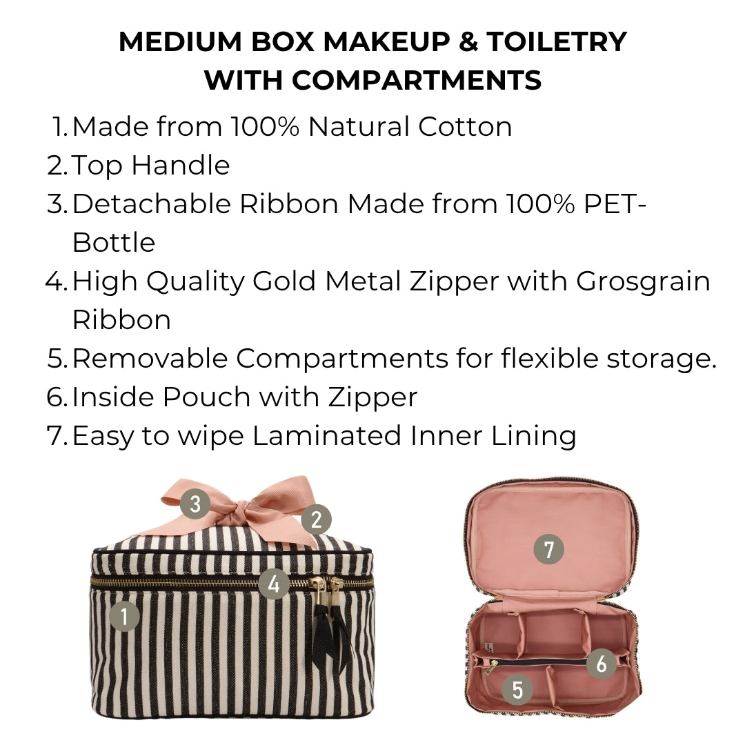 Medium Box Makeup & Toiletry with Insert Organizer – Striped in natural cotton with gold zipper and removable compartments, designed by Bag-all for personalized travel organization.