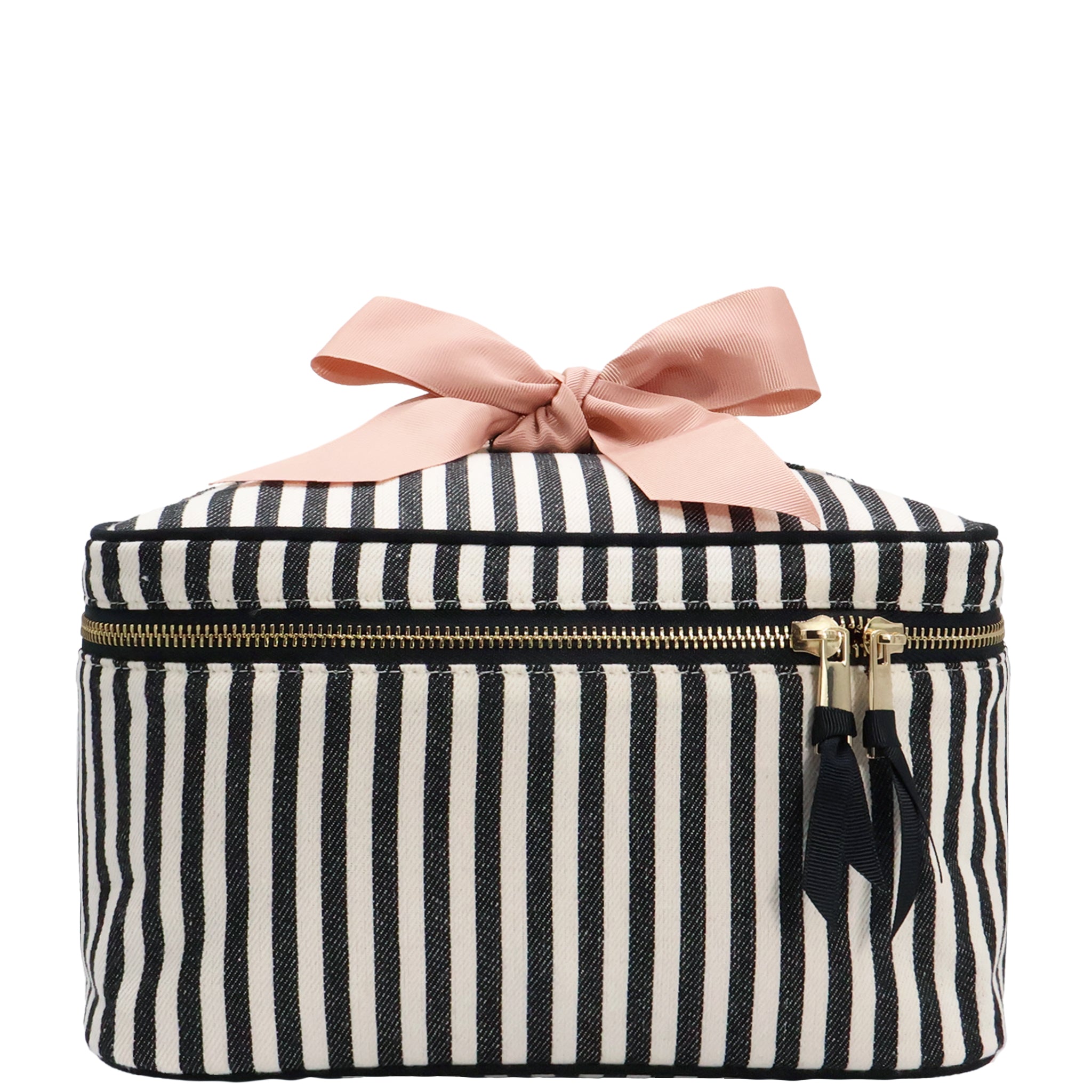 Medium Box Makeup & Toiletry with Insert Organizer – Striped by Bag-all, a Paris-designed cotton travel case with gold zipper and pink bow handle for stylish organization.