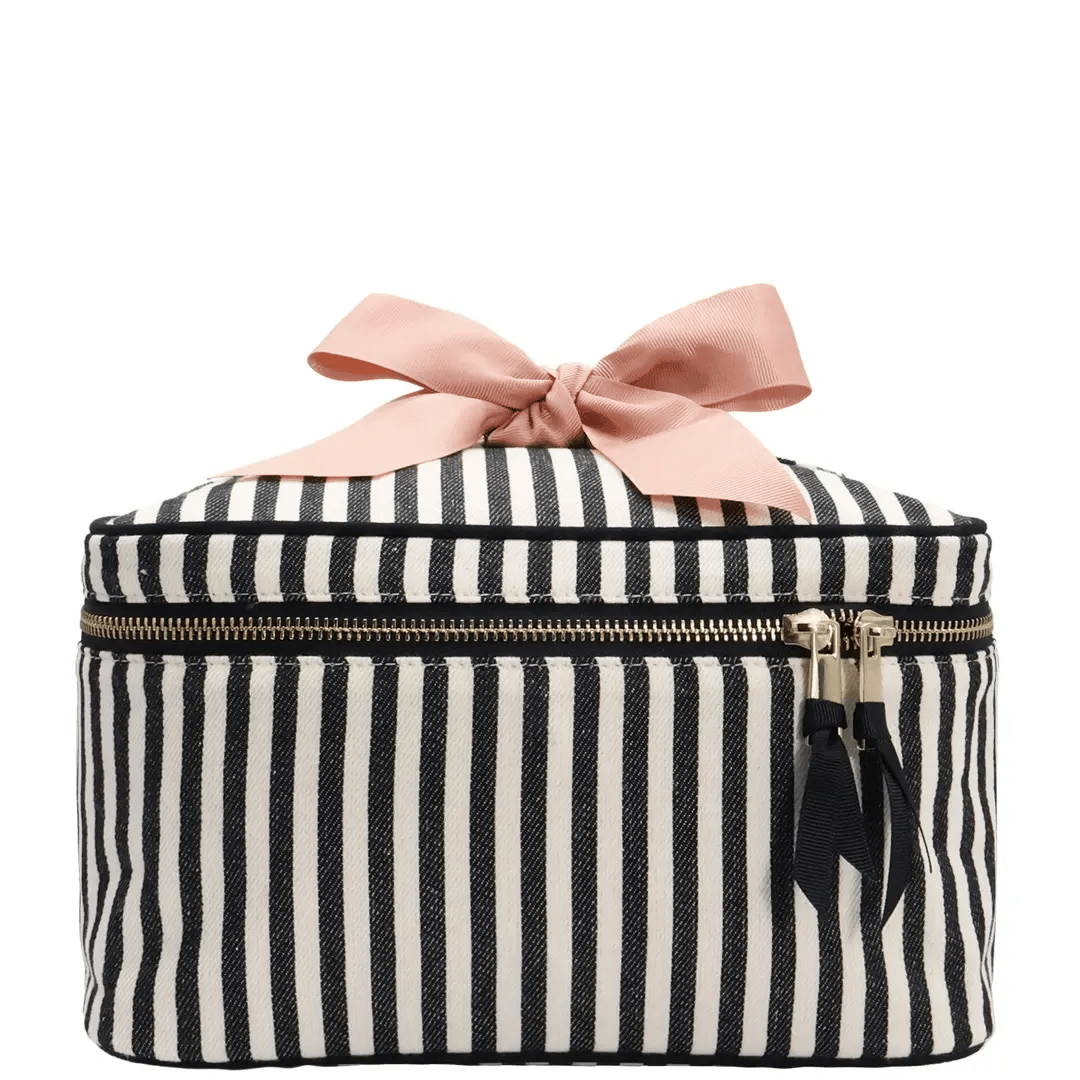 Medium Box Makeup & Toiletry with Insert Organizer – Striped by Bag-all, Paris-designed cotton travel case with durable zipper and stylish bow handle.