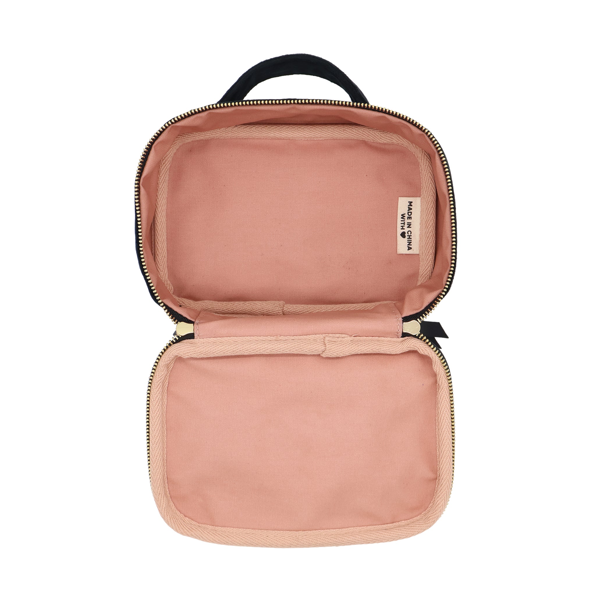 Small Beauty Box – Eco Velvet – Black with soft pink interior, sturdy handle, and organized compartments by Bag-all, Paris-designed for personalized travel storage.