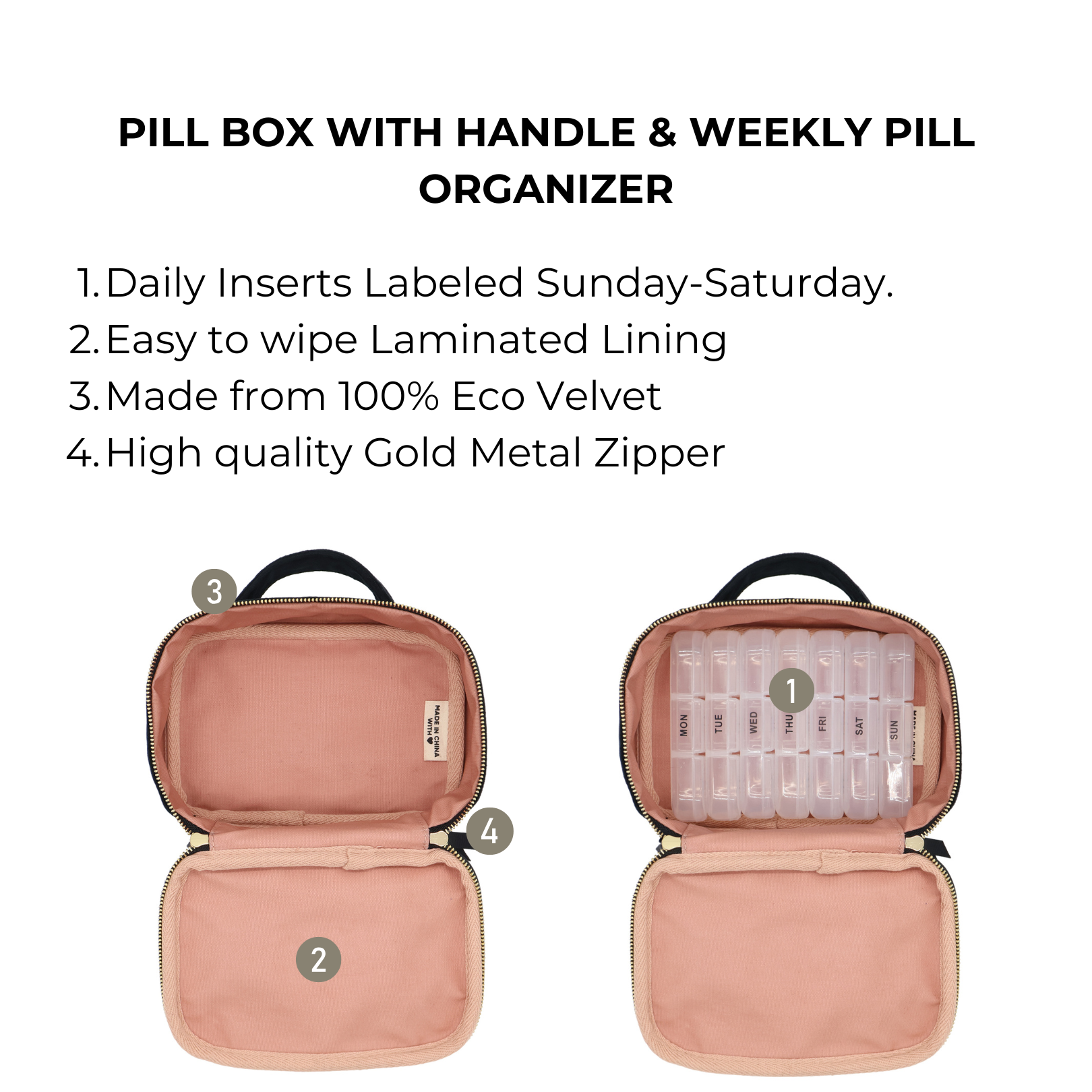 Pill Box with Handle & Weekly Pill Organizer – Eco Velvet – Black featuring daily labeled inserts, easy-clean lining, and gold zipper by Bag-all for travel organization.