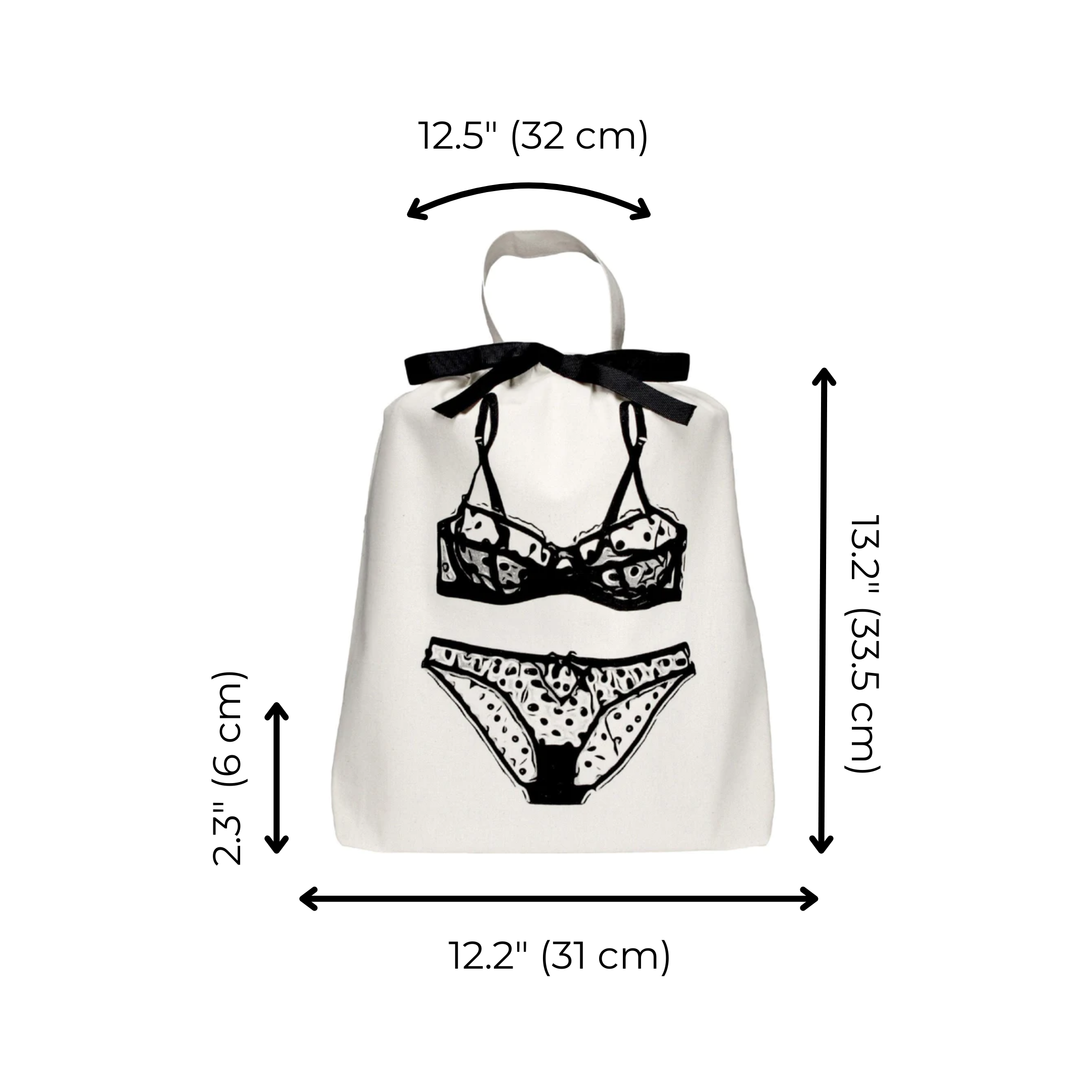 Bag-all Polkadot Lingerie Travel Bag in cream with black lingerie print design, featuring product dimensions and stylish black bow detail, perfect for travel organization