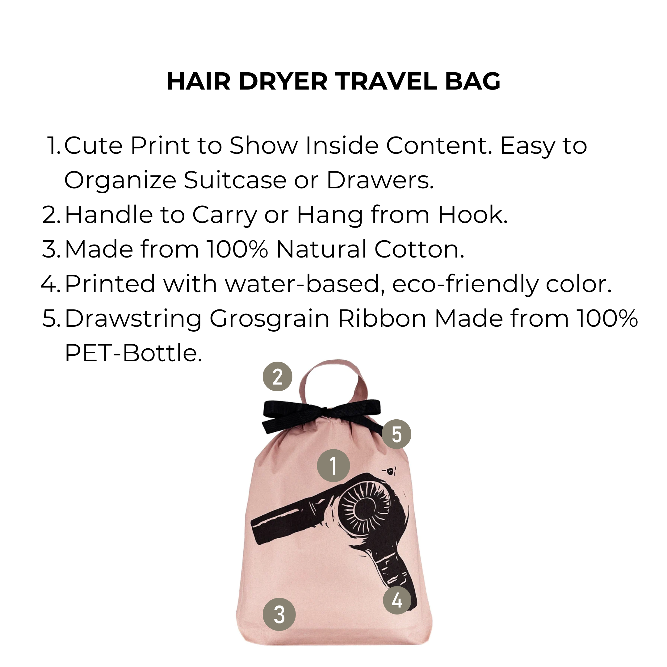 Bag-all Pink Hair Dryer Travel Bag featuring black hairdryer illustration, natural cotton construction, eco-friendly print, drawstring closure and hanging handle for organized bathroom storage