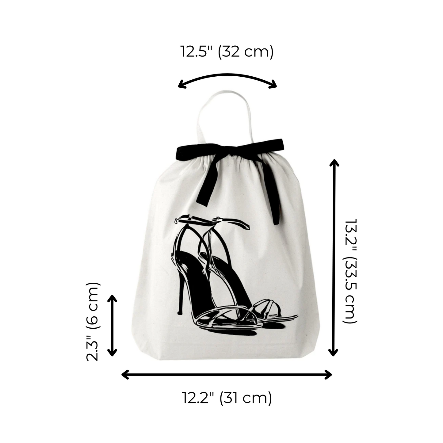 Bag-all High Heel Sandal Shoe Bag in cream cotton with elegant black stiletto illustration, featuring black ribbon tie closure and product dimensions 32x31x6 cm