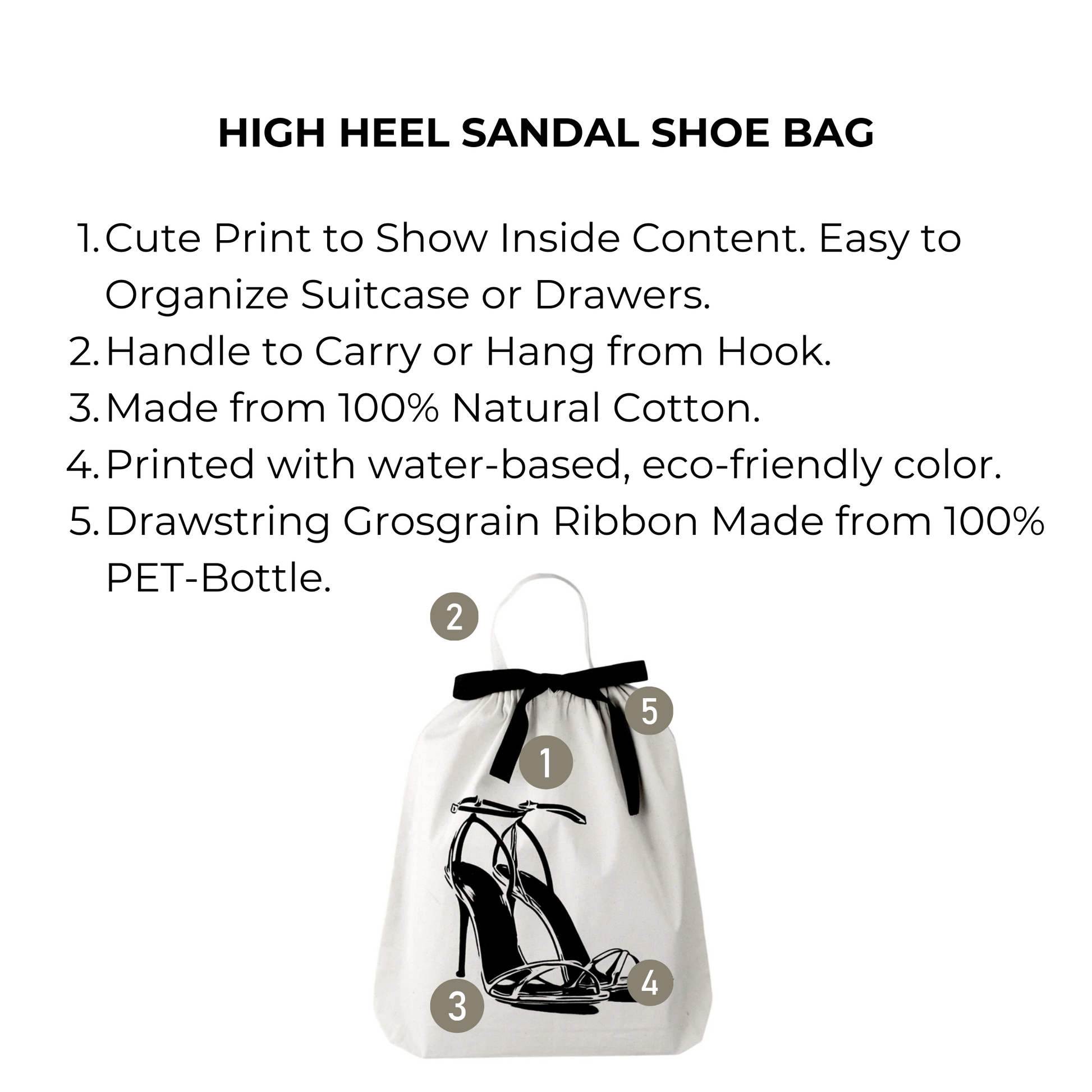 Bag-all High Heel Sandal Shoe Bag in cream cotton with black stiletto print, drawstring closure and handle, perfect for travel organization and storage, eco-friendly materials