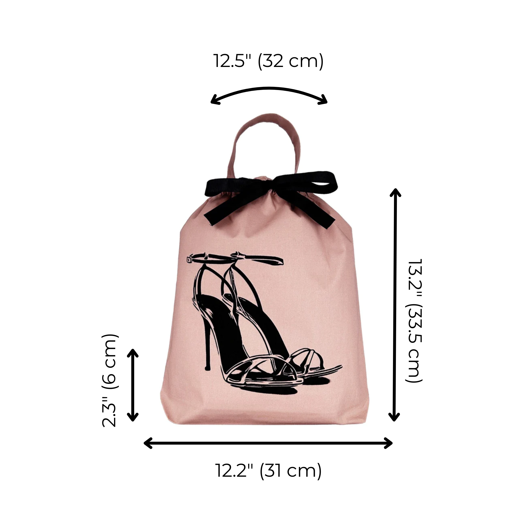 Bag-all High Heel Sandal Shoe Bag in pink cotton with black bow and stiletto print, featuring elegant black high heel illustration, protective storage solution, 32x31cm