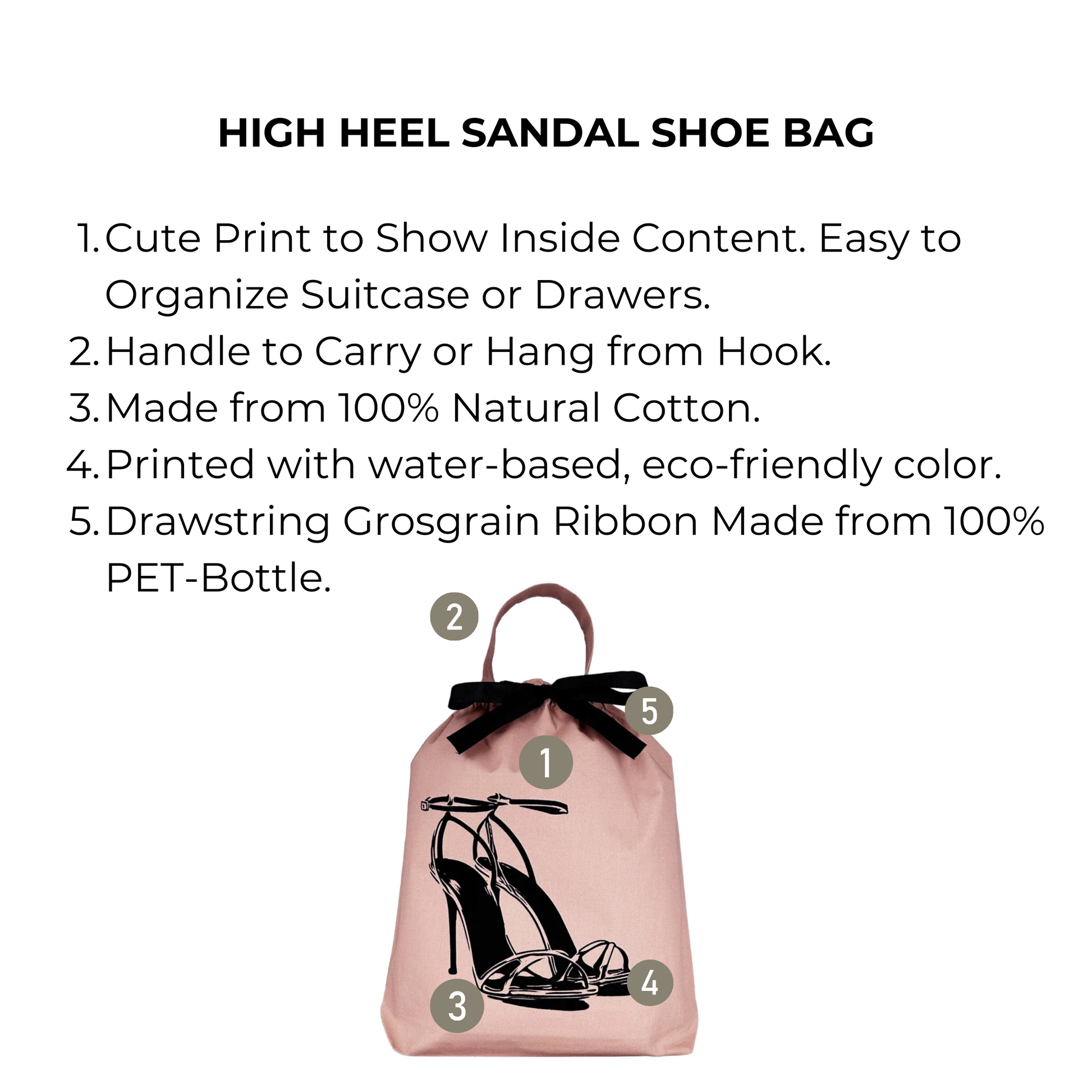 Bag-all High Heel Sandal Shoe Bag in pink blush cotton with black heel print, eco-friendly drawstring closure, handle for hanging, perfect for travel and closet organization