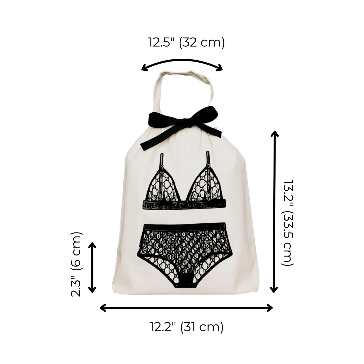 Bag-all London Lingerie Travel Bag in cream cotton featuring black lace lingerie print and bow, perfect for organizing delicate underwear while traveling
