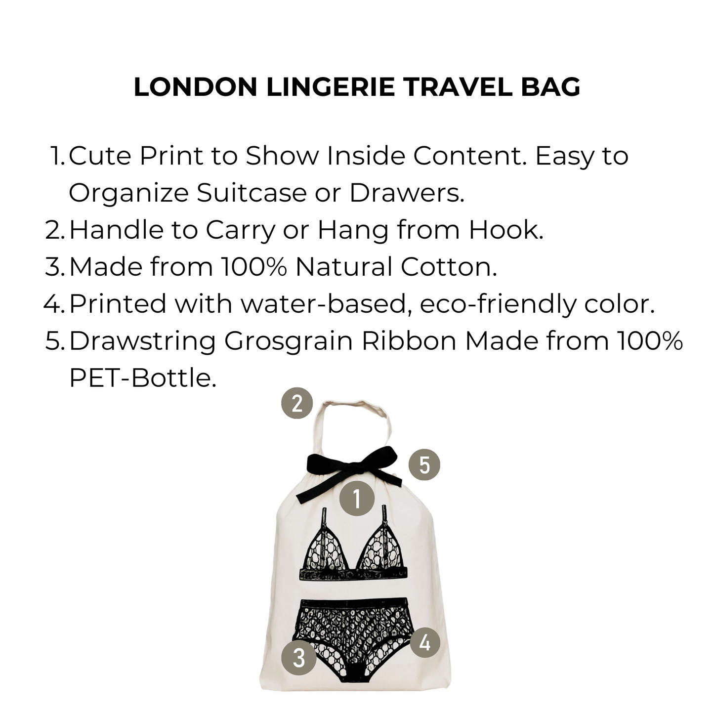 Bag-all London Lingerie Travel Bag in cream cotton with black lingerie print, eco-friendly drawstring organizer for intimate wear storage and travel