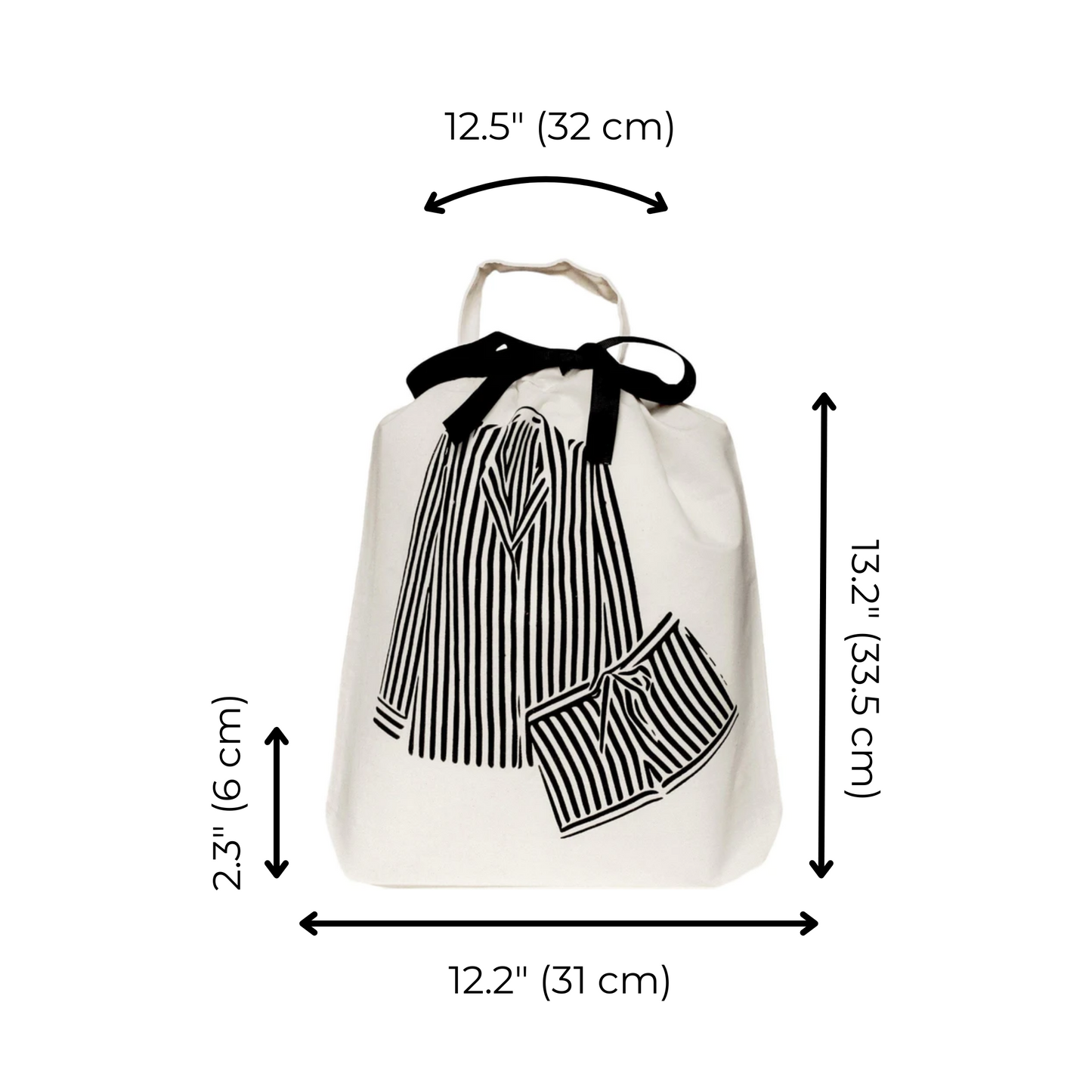 Bag-all Striped Pajamas Travel Bag in cream cotton with black ribbon tie and illustrated black-and-white striped pajama set design, measuring 13.2 x 12.2 inches