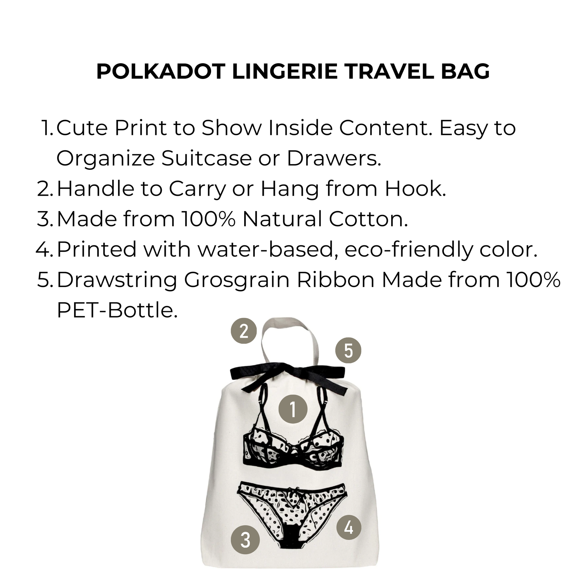 Bag-all Polkadot Lingerie Travel Bag in cream with illustrated lingerie print, eco-friendly cotton construction, drawstring closure, and hanging hook for organized travel storage